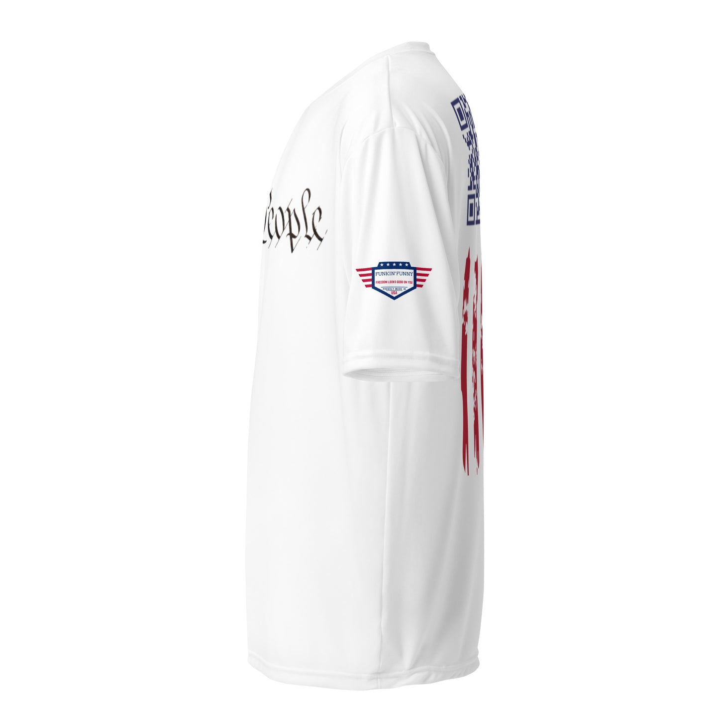 Side profile of white tee with script text glimpse, flag sleeve detail, and red stripe accents
