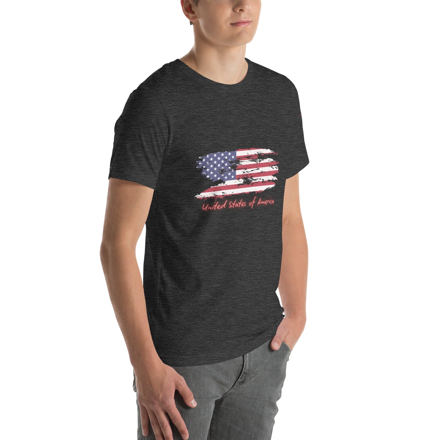 3/4 front-left view on model rocking heather gray unisex t-shirt with faded USA flag and cursive "United States of America"
