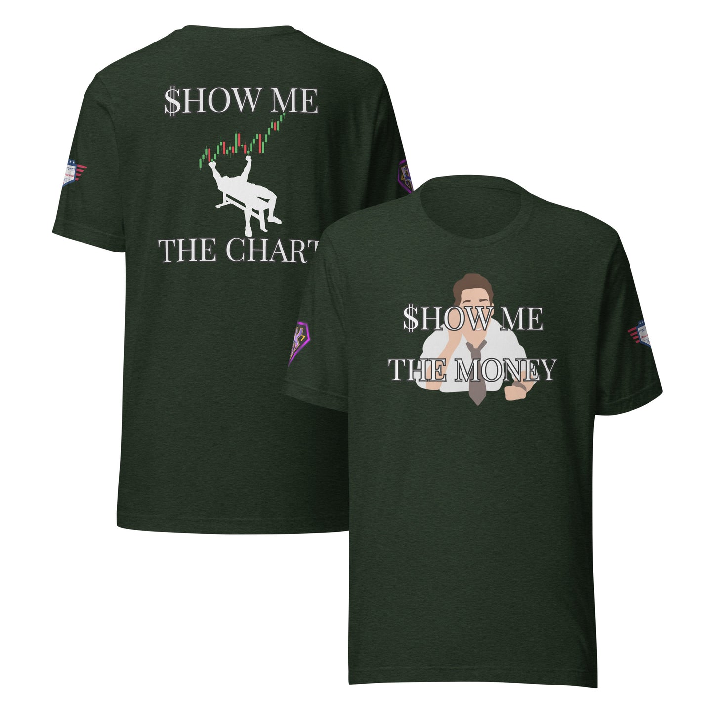 Back view of dark green trading tee with white "SHOW ME THE CHART" text and cartoon trader dangling from candlesticks