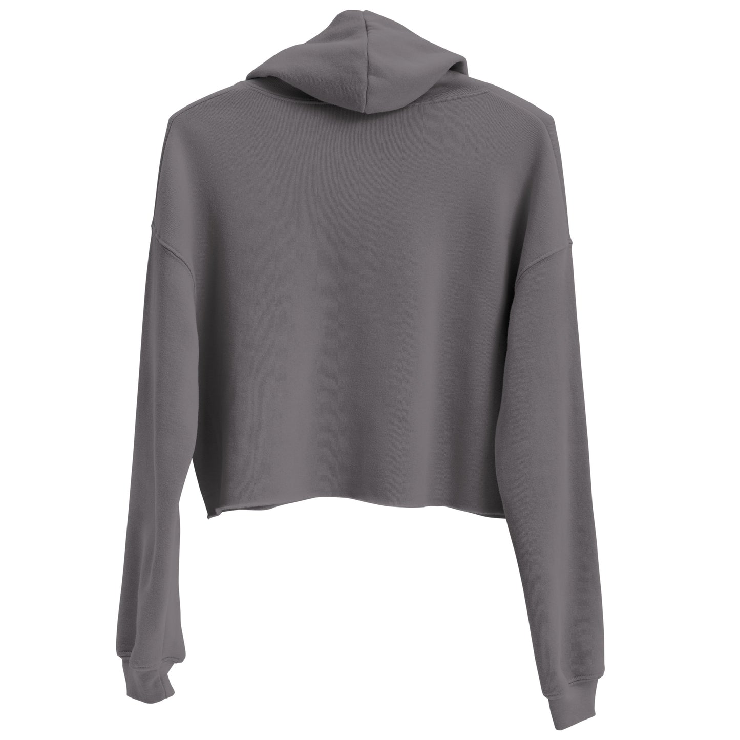 Storm gray crop hoodie back flat lay, raw edges and slouchy sleeves on point