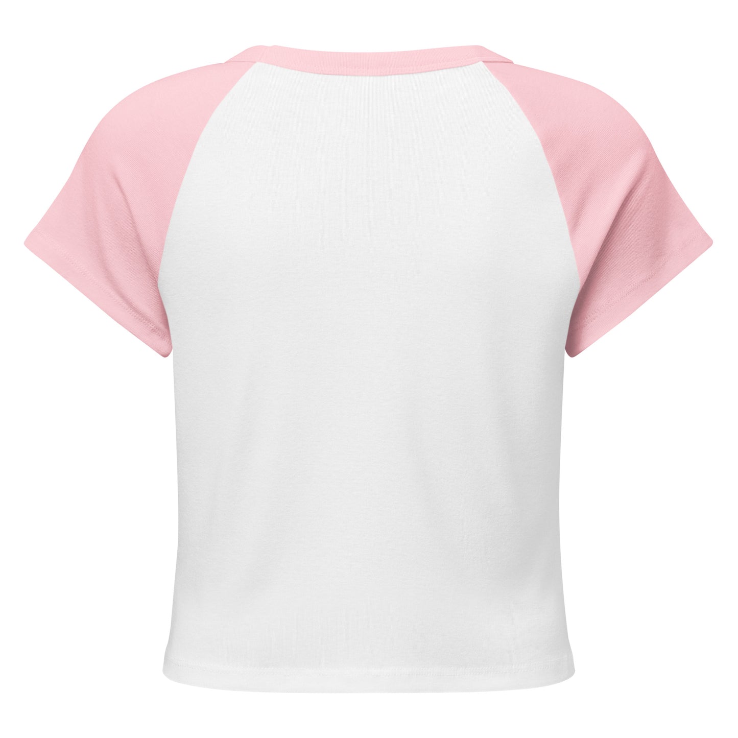 Back view of plain white raglan baby tee with pink contrast sleeves, clean and cropped fit