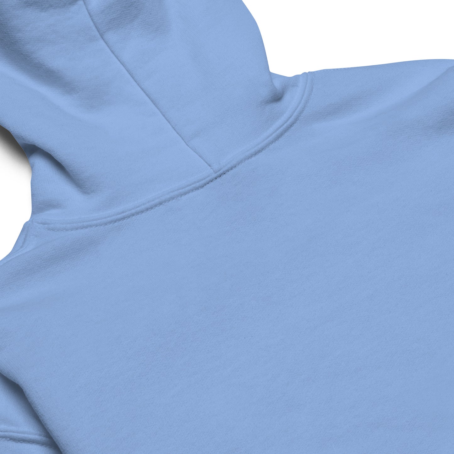Close-up angled view of light blue youth hoodie's smooth hood edge