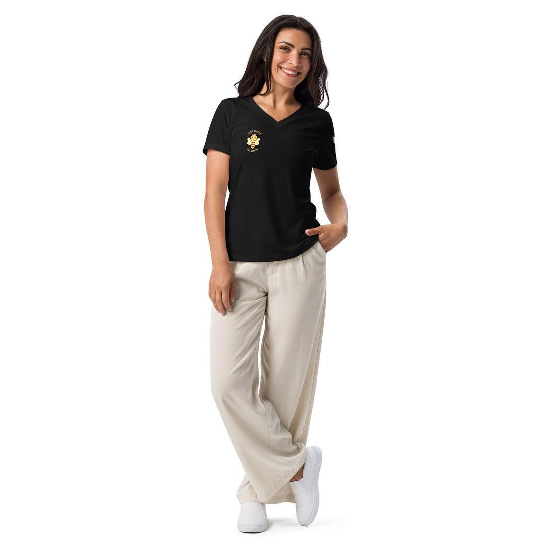 Why Women Love "Don't Worry Bee Happy" Relaxed V-Neck Tee