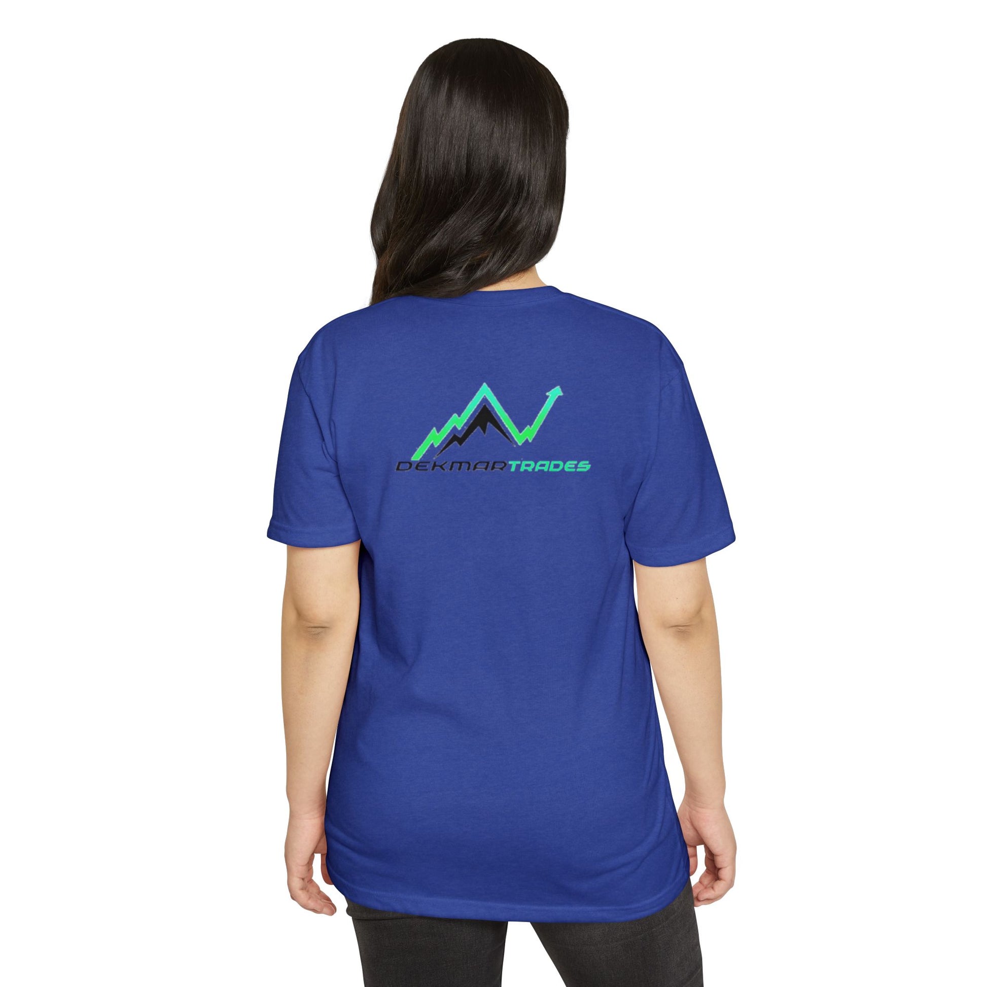 Female model back shows royal blue t-shirt's Dekman Trades mountain uptrend logo in green