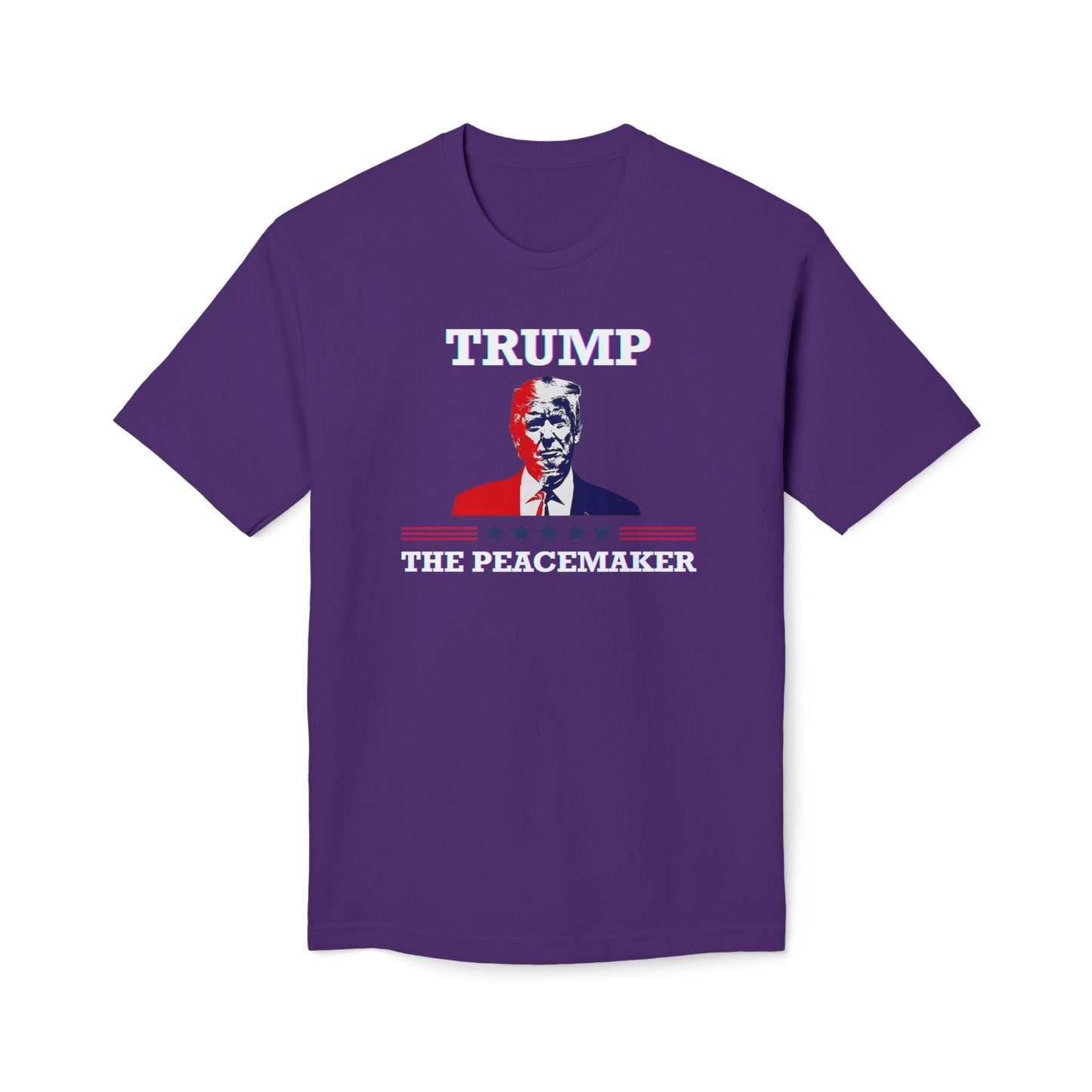 Front view of purple Trump The Peacemaker tee featuring white "TRUMP", face, and red-white-blue details