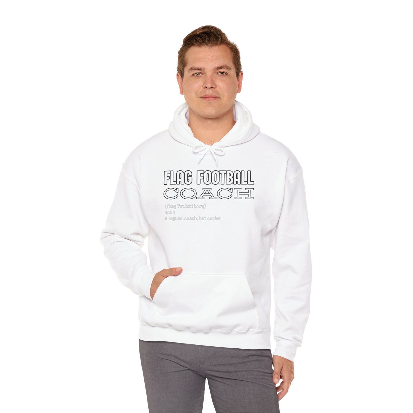 Guy in white Flag Football Coach hoodie front view, hands in pockets, casual coach vibes