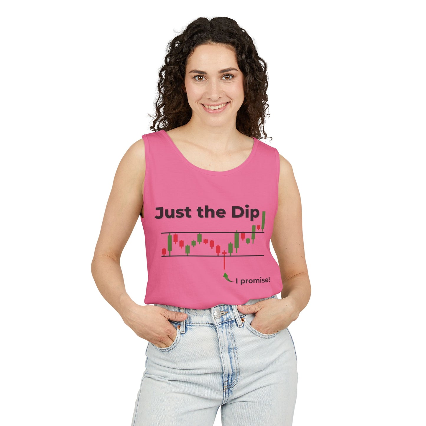 Smiling curly-haired woman models front of hot pink tank with "Just the Dip" black candlestick chart plunging and green "i promise!" arrow