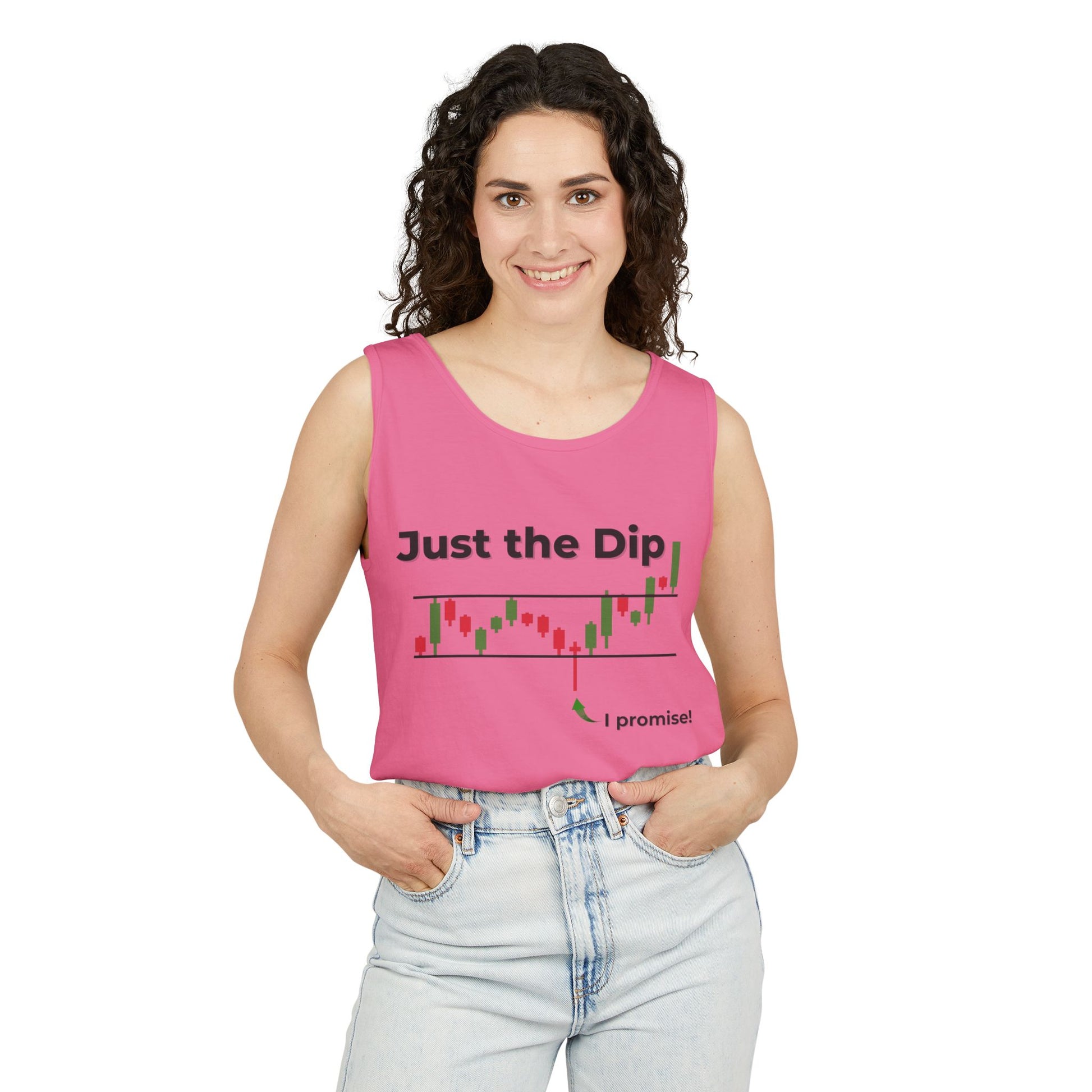 Smiling curly-haired woman models front of hot pink tank with "Just the Dip" black candlestick chart plunging and green "i promise!" arrow