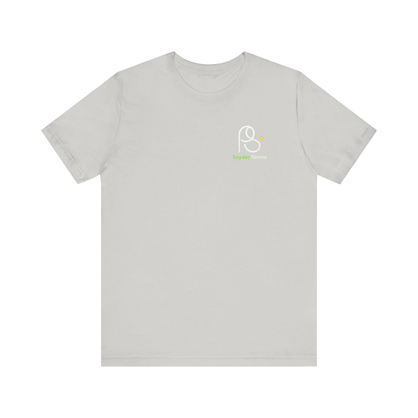 Light gray tee front, white P.S. logo with green P.S. Tennis text on left chest