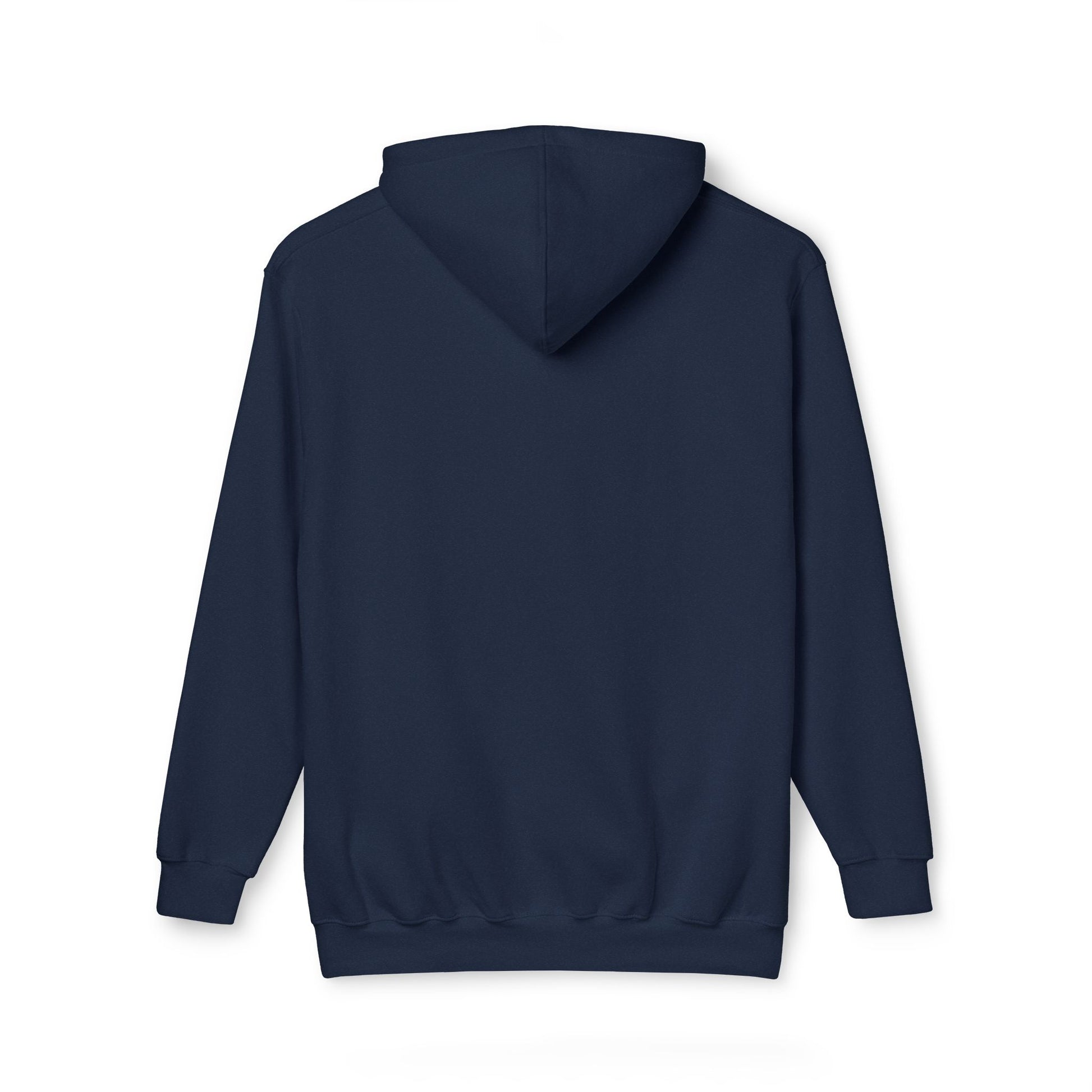 Plain back of navy hoodie, ribbed hem and cuffs, ready for galactic escapes