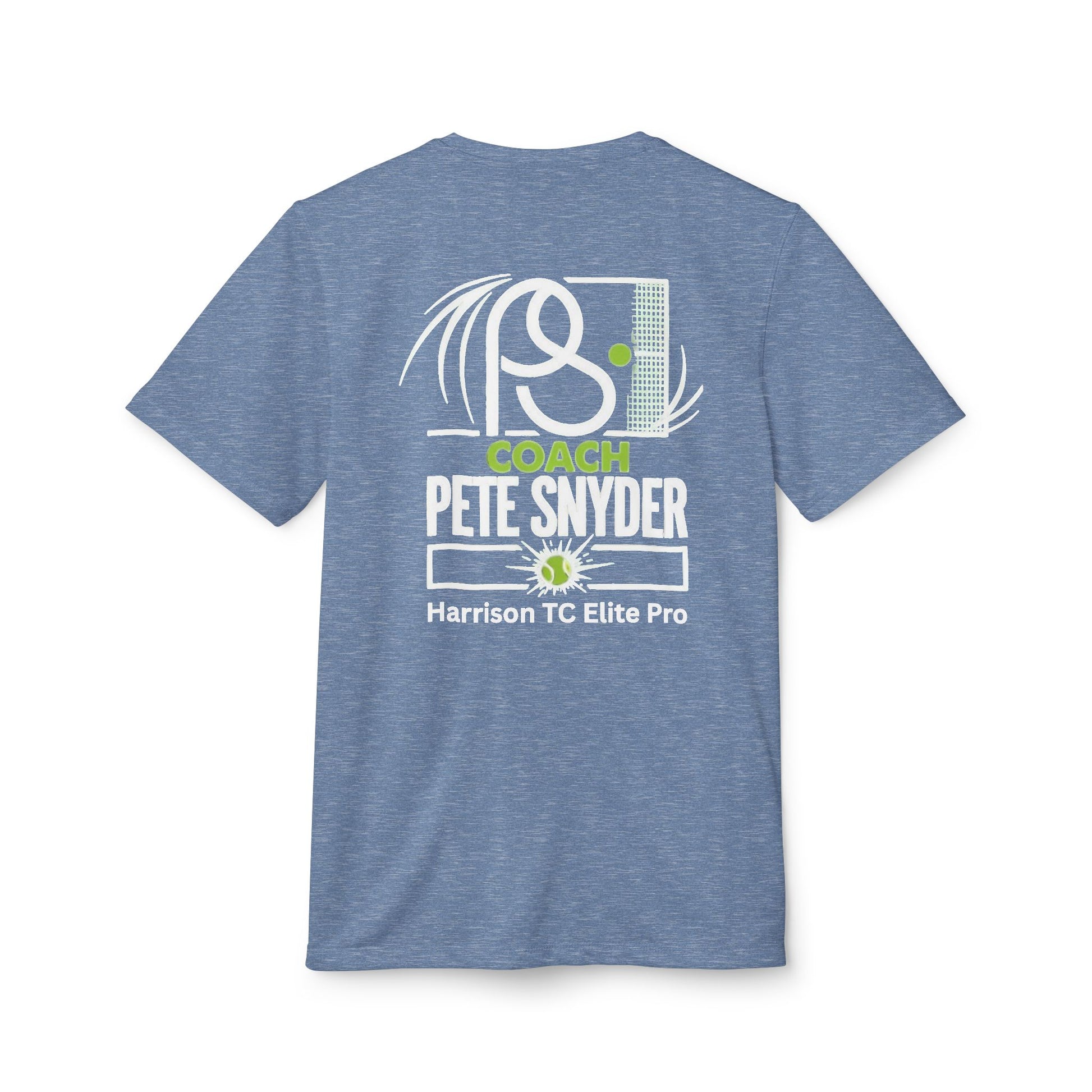 Flat lay back view of heather blue Coach Pete Snyder tee, white tennis-themed "COACH PETE SNYDER Harrison TC Elite Pro" print