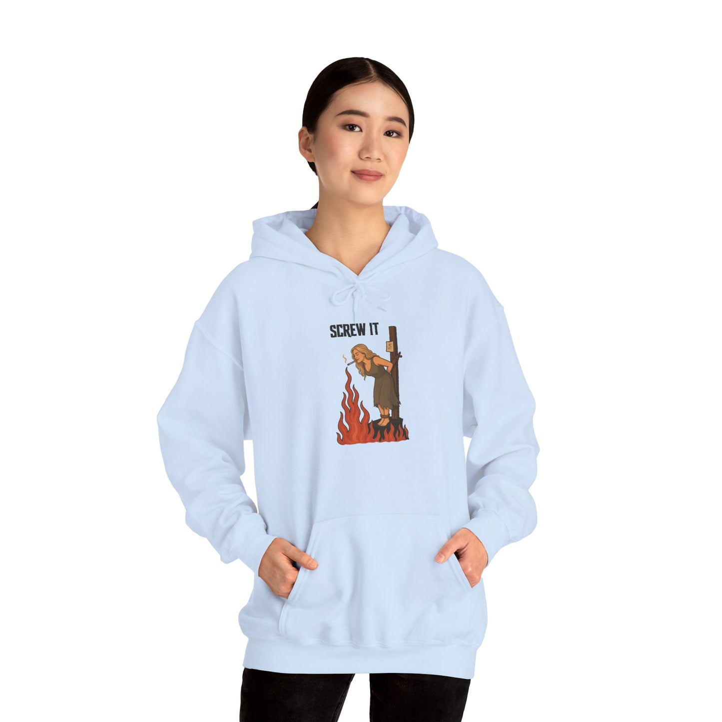 Screw It Hoodie – Funny Retro Character Flaming Witch Graphic Sweatshirt