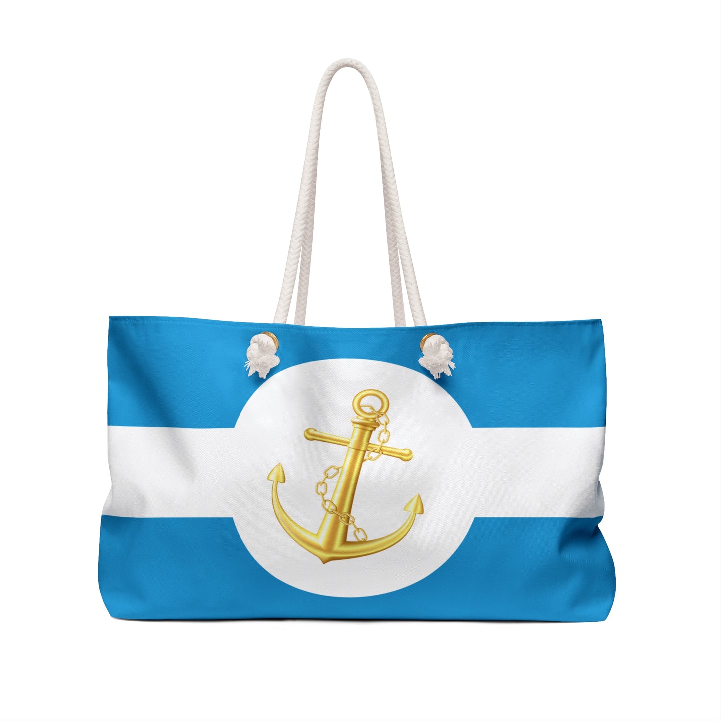 Angled front view of blue-white striped weekender tote, gold anchor gleaming center stage with cream rope handles draped