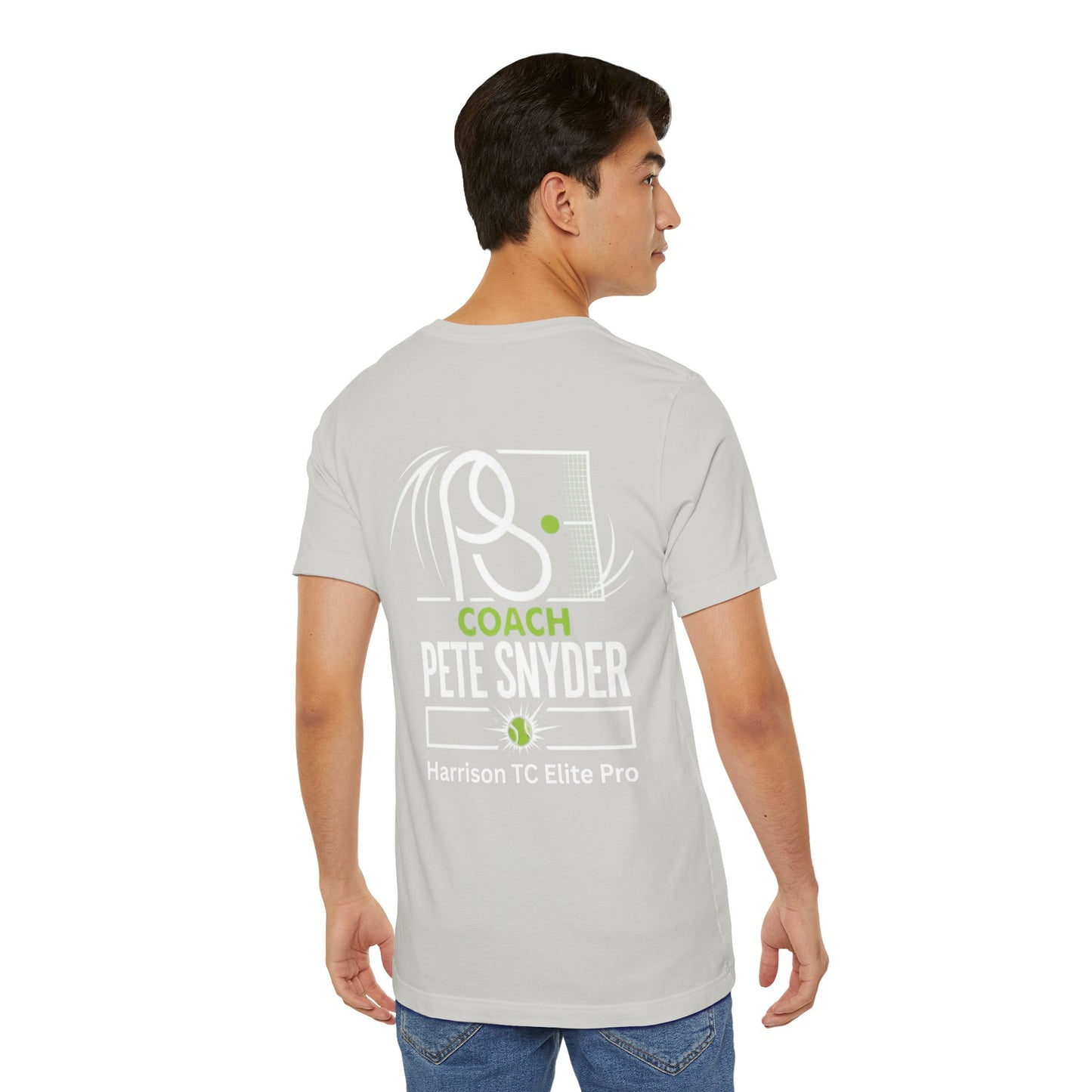 Rear view of male model in light heather gray Coach Pete Snyder tee, back print racket graphic "COACH PETE SNYDER Harrison TC Elite Pro"