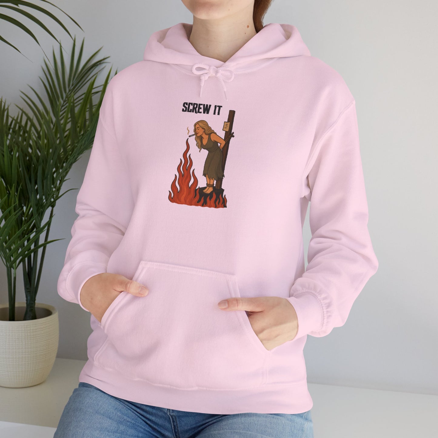 Screw It Hoodie – Funny Retro Character Flaming Witch Graphic Sweatshirt