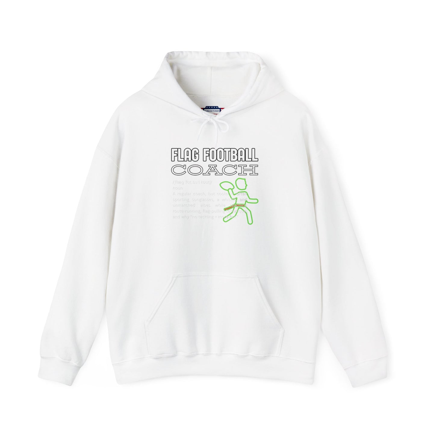Front view of white Flag Football Coach hoodie with gray outline text, neon green runner graphic