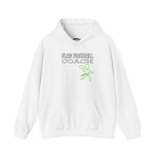 Front view of white Flag Football Coach hoodie with gray outline text, neon green runner graphic