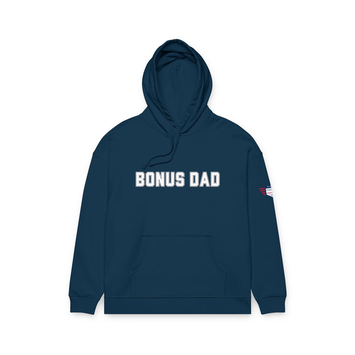 French navy Bonus Dad hoodie front view, white embossed "BONUS DAD" and flag patch on sleeve