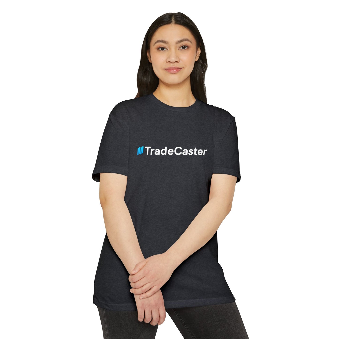 Woman model front view in charcoal gray TradeCaster tee, blue #TradeCaster white print popping