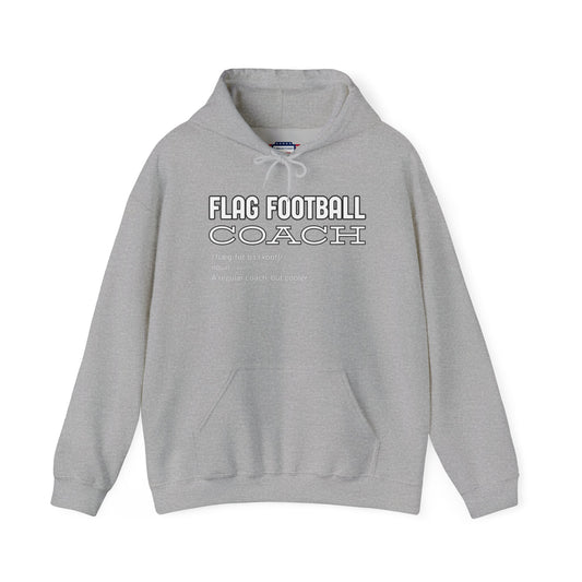 Front view of sport grey Flag Football Coach hoodie featuring "Like a Regular Coach but Cooler" print