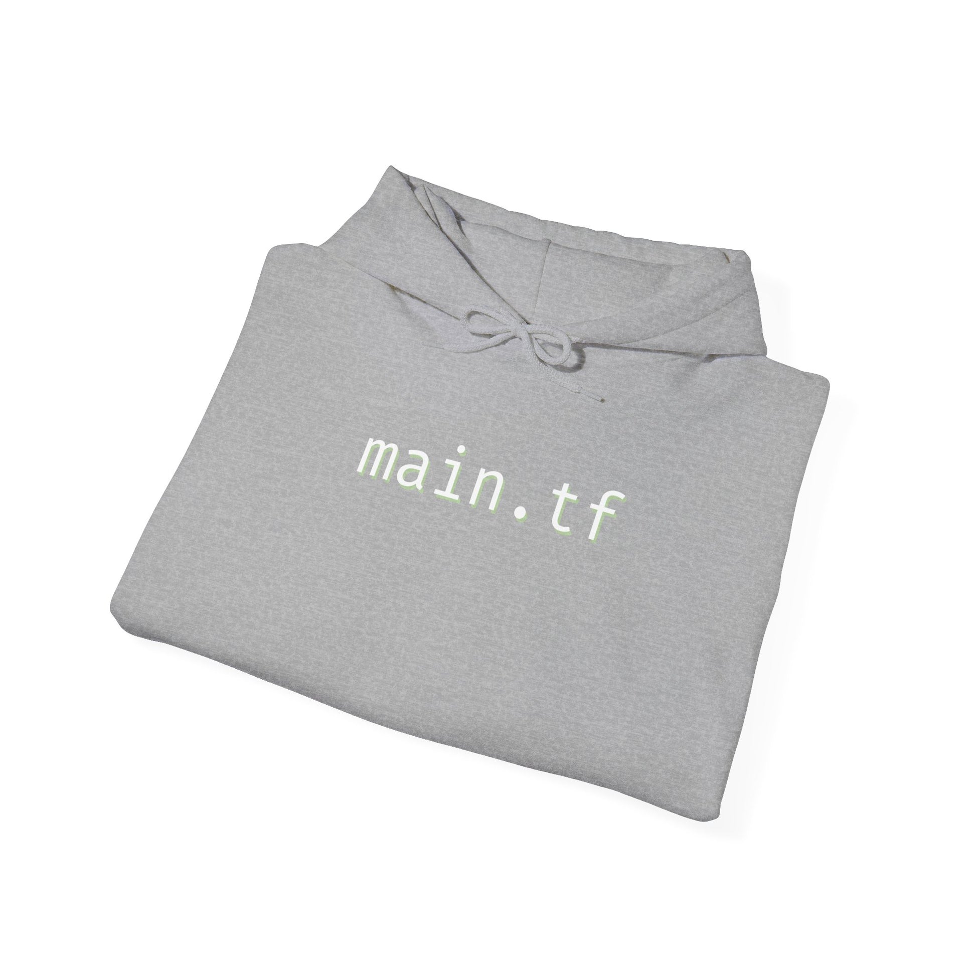 Folded light grey main.tf hoodie showing crisp white front print, hood splayed open