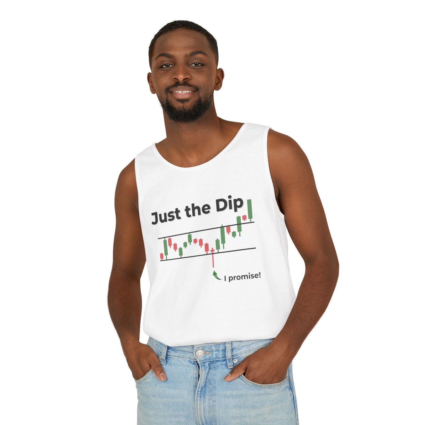 Man modeling white "Just the Dip" tank front, grinning with hands in jeans