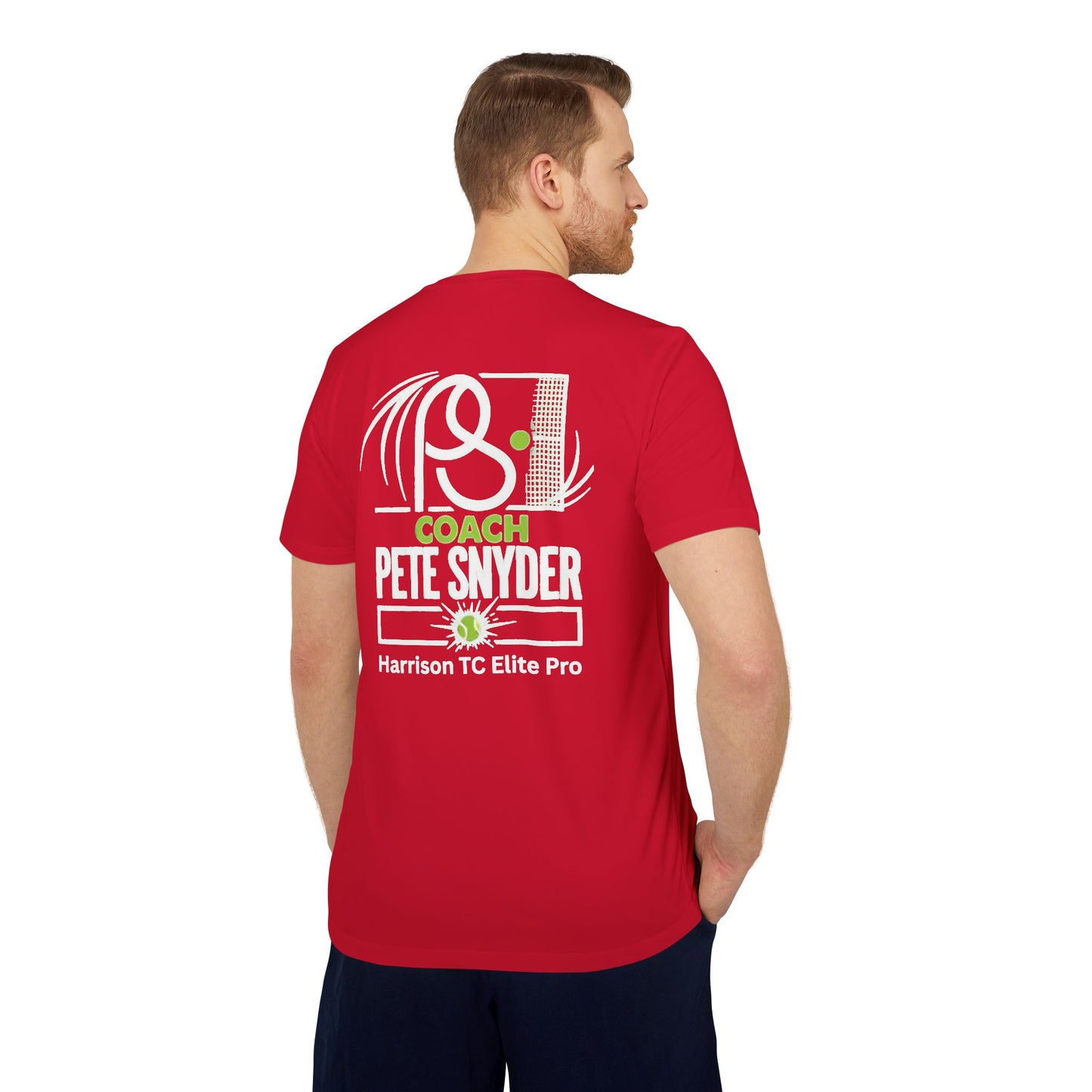 Back view of Power Red tee on guy: Coach Pete Snyder pickleball graphics for Harrison TC Elite Pro