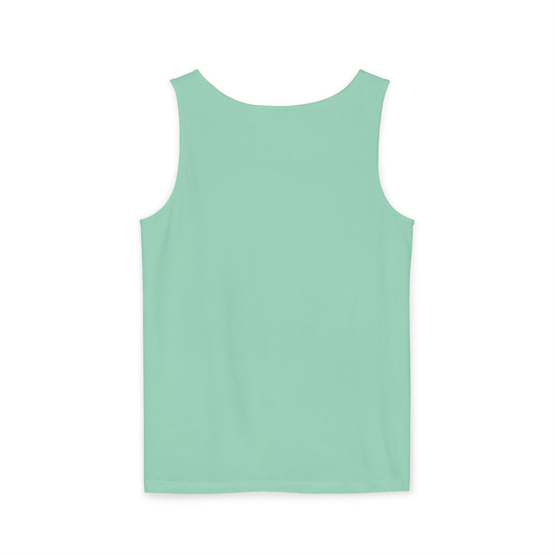 Back view of plain seafoam green tank top, relaxed unisex fit on white background