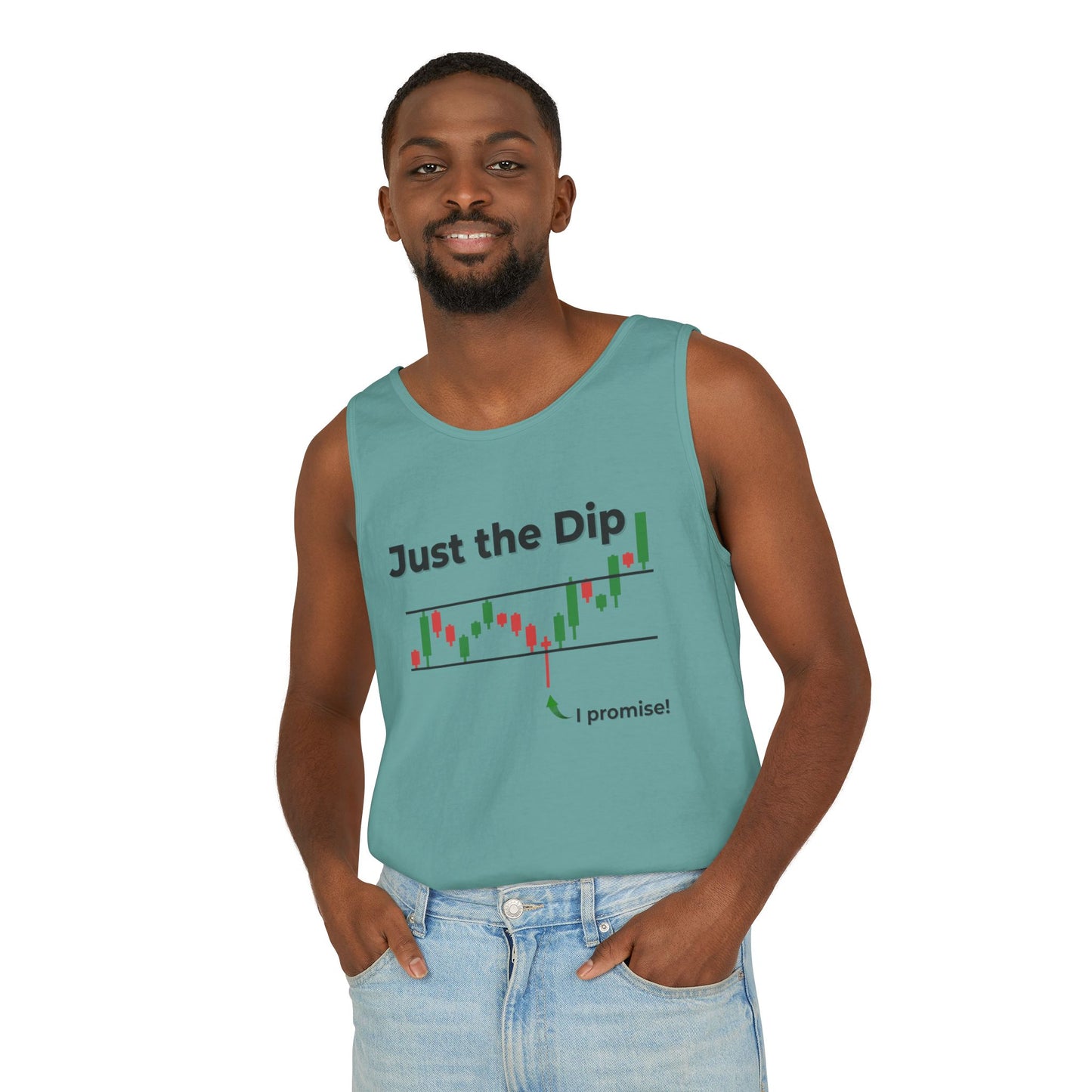 Male model smiling in seafoam green tank featuring "Just the Dip" chart dip and "i promise!" front