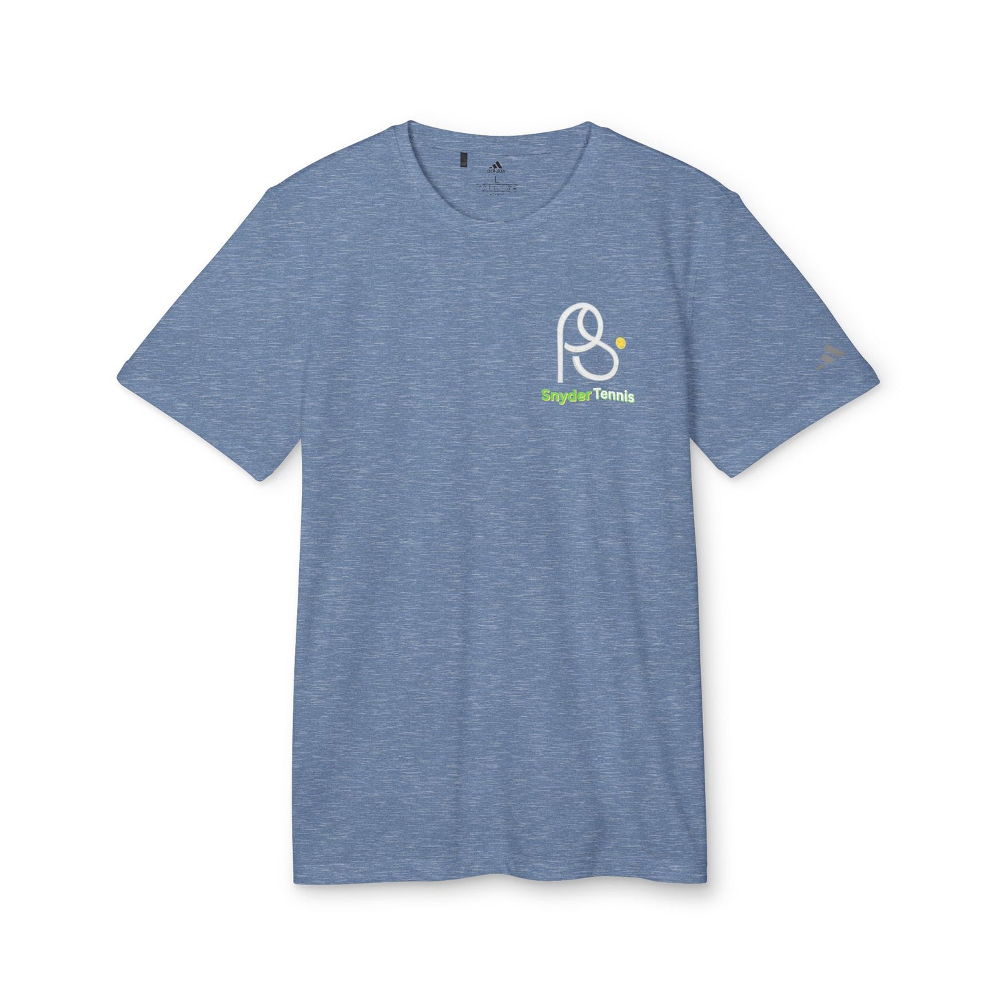 Front view of medium blue heather T-shirt with PS emblem, green Snyder Tennis, adidas on sleeve
