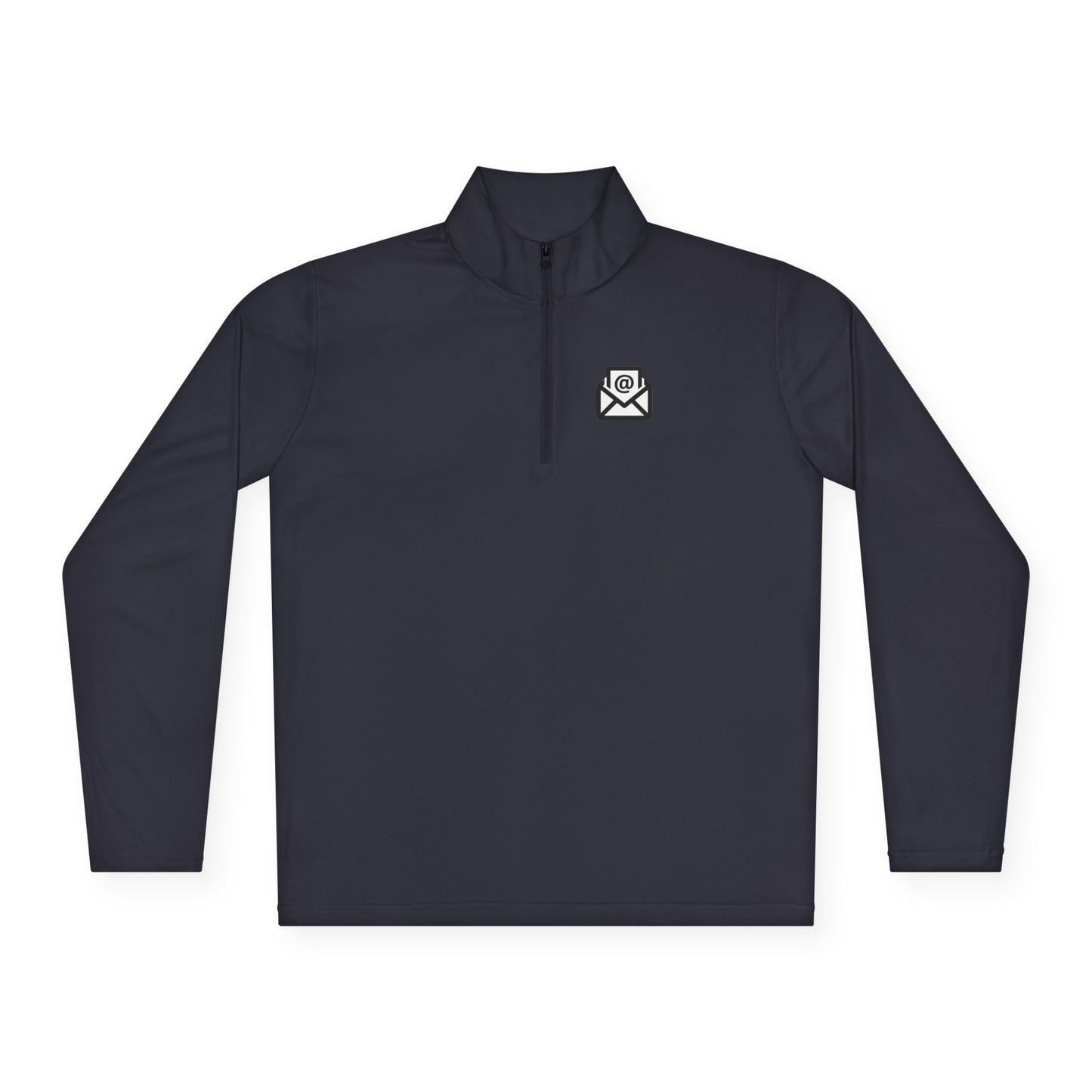 Front view of navy blue quarter-zip pullover with crisp white envelope badge on chest