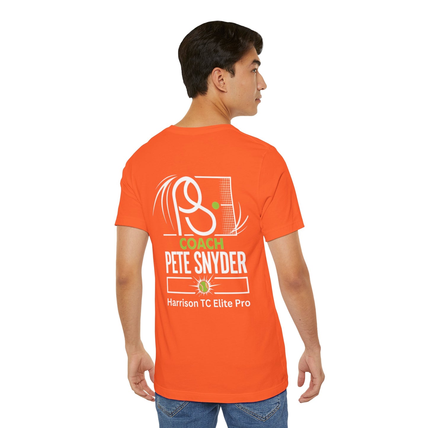 Flat back view of rose Coach Pete Snyder tee, white "COACH PETE SNYDER" with tennis racket/net, Harrison TC Elite Pro