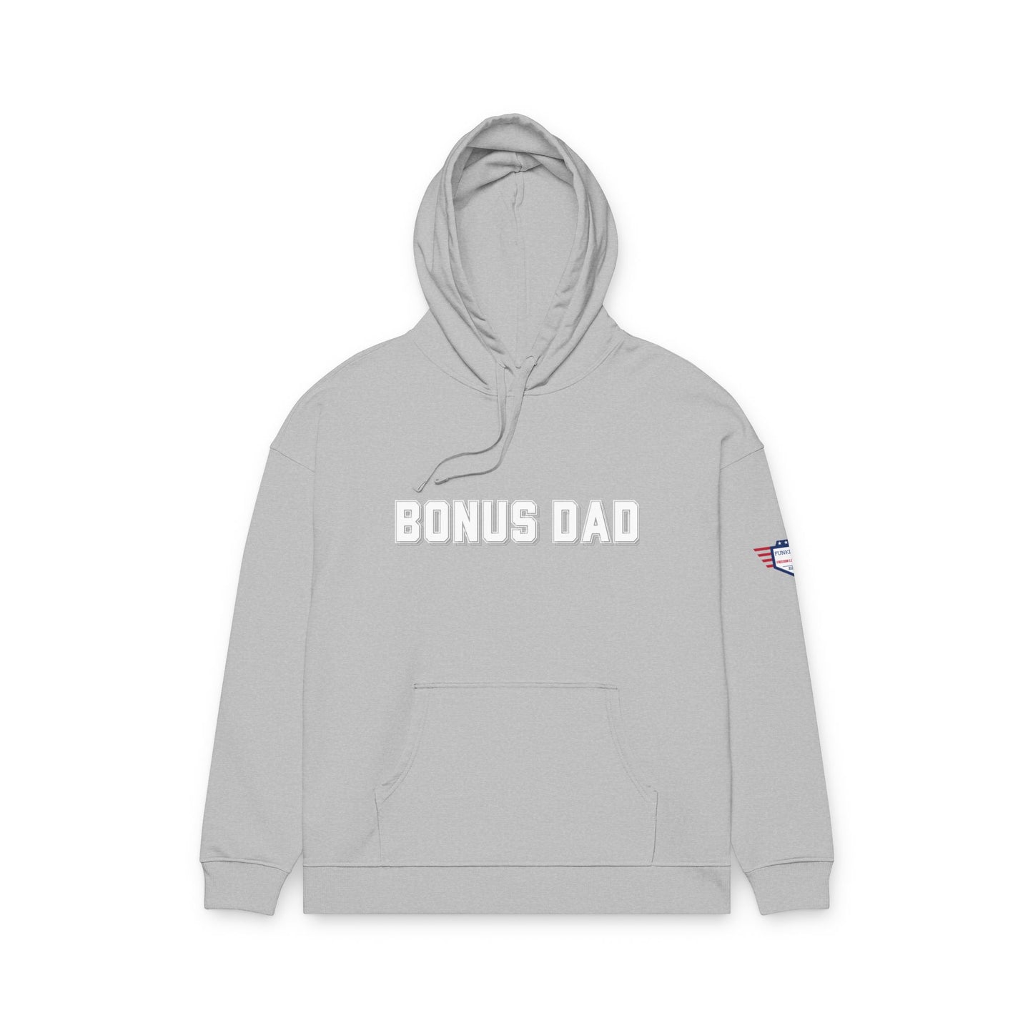 Front view of heather grey Bonus Dad hoodie, embossed "BONUS DAD" text and flag patch on sleeve