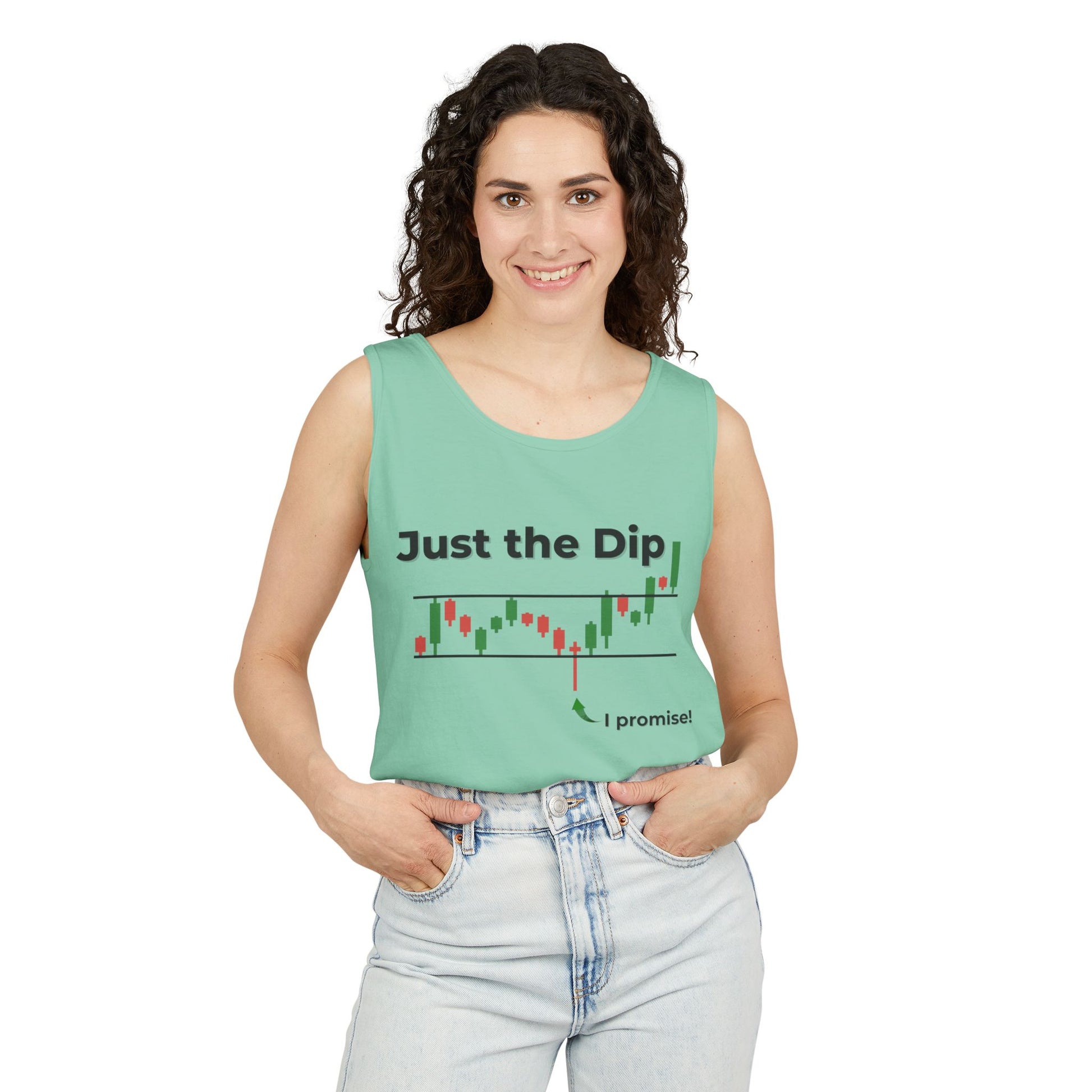 Smiling curly-haired woman in seafoam green tank with "Just the Dip" black candlestick chart print and "i promise!" arrow, front view