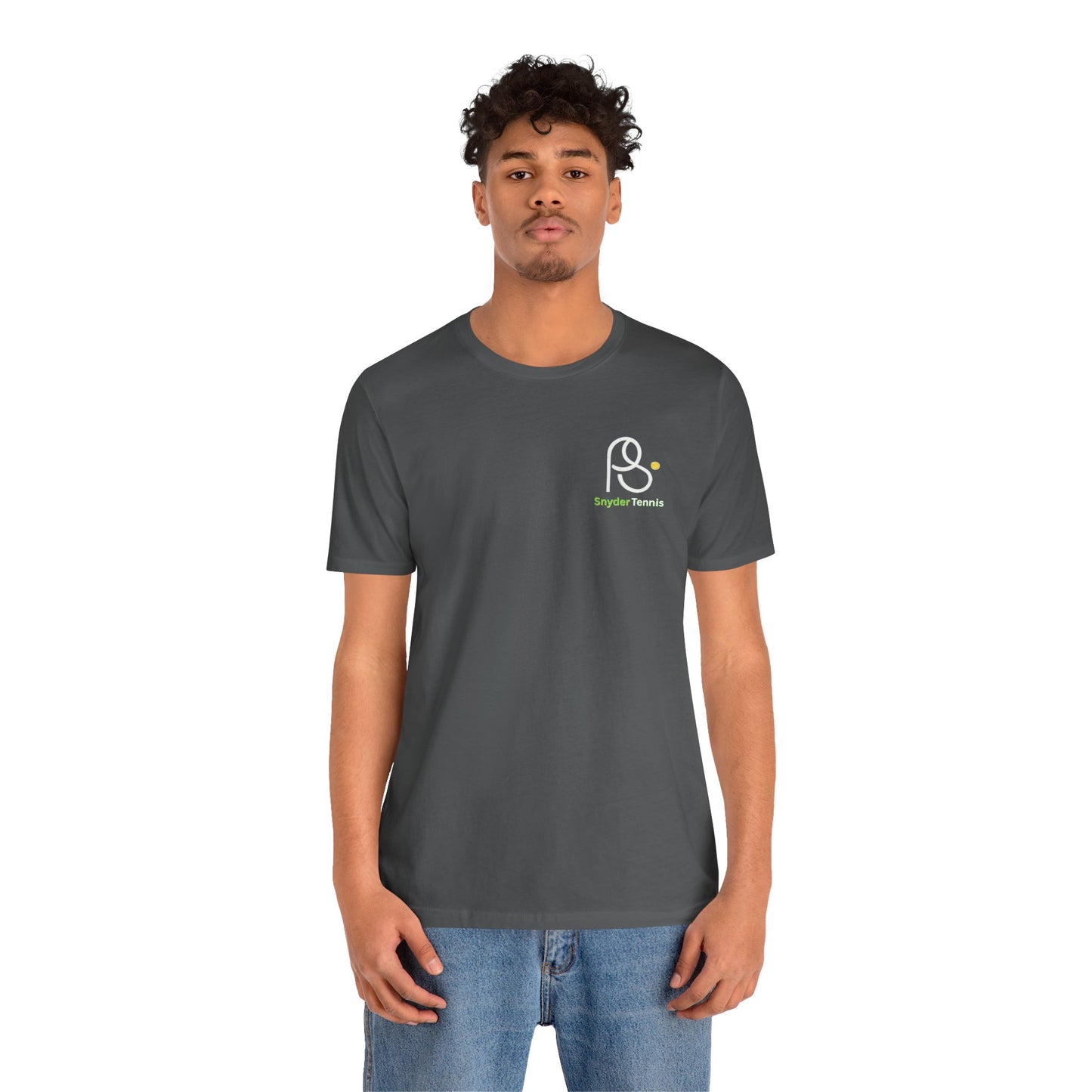 Male model front view in heather gray tee, clean white "P• Pete Tennis" chest print, easy athletic vibe