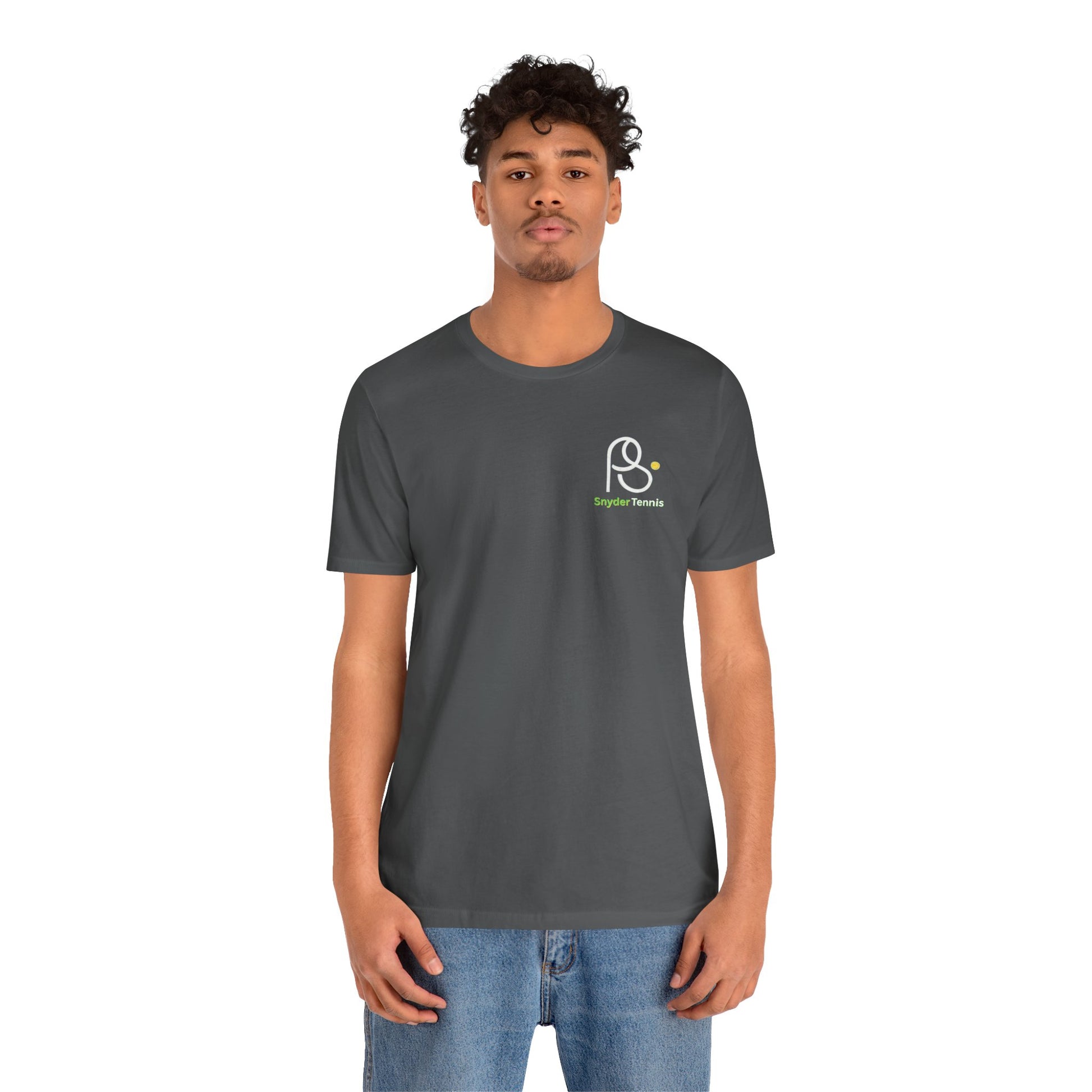 Male model front view in heather gray tee, clean white "P• Pete Tennis" chest print, easy athletic vibe