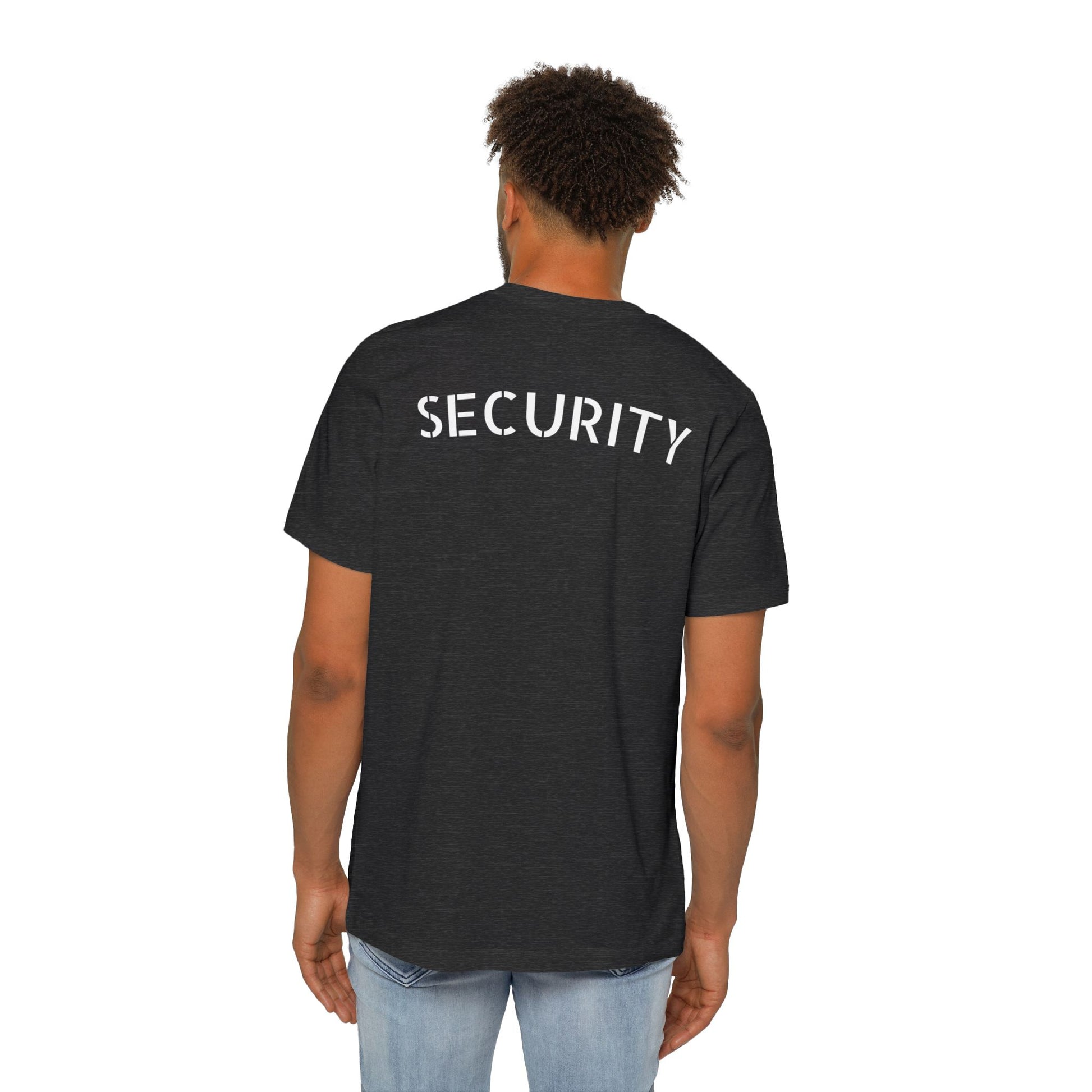 Backside of dude in heather gray SECURITY t-shirt, white print keeping it official
