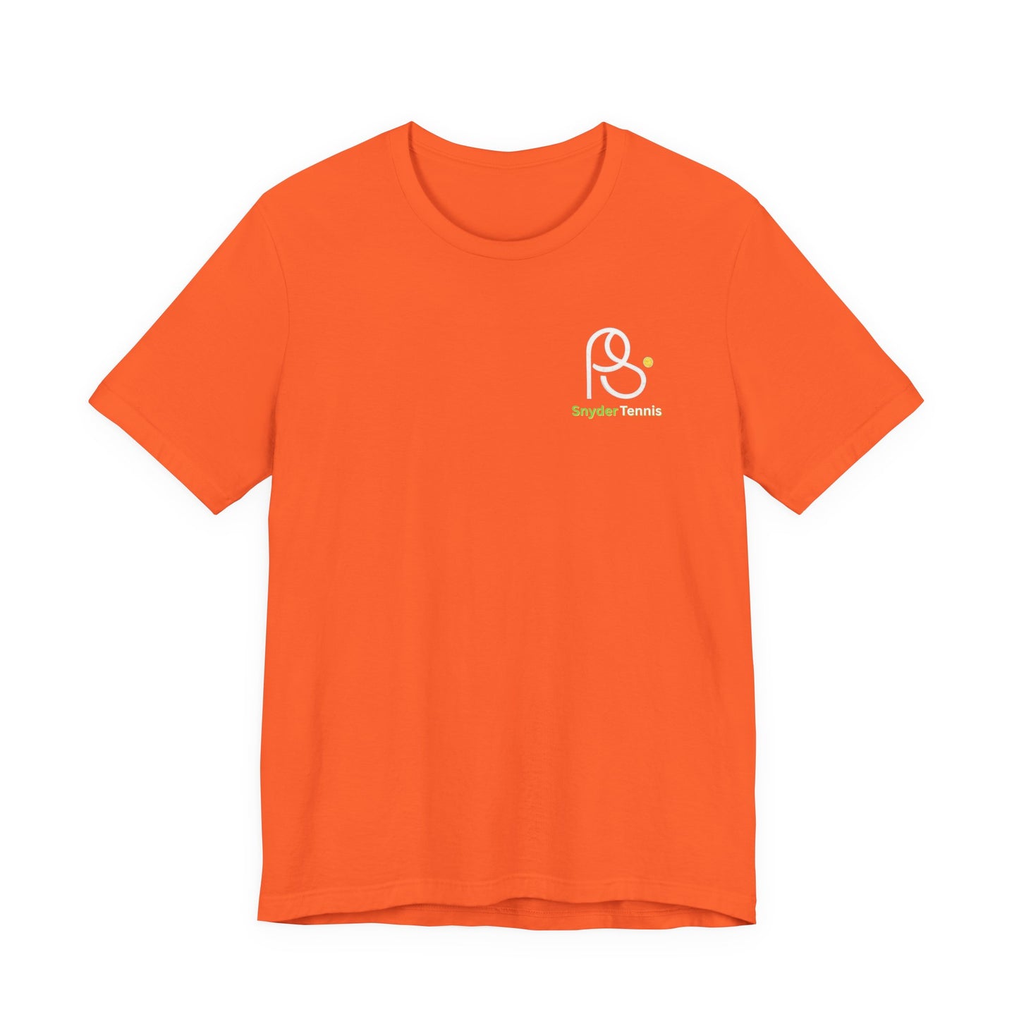 Flat front view of orange Coach Pete Snyder tee, white PS logo with green Harrison Tennis text on chest