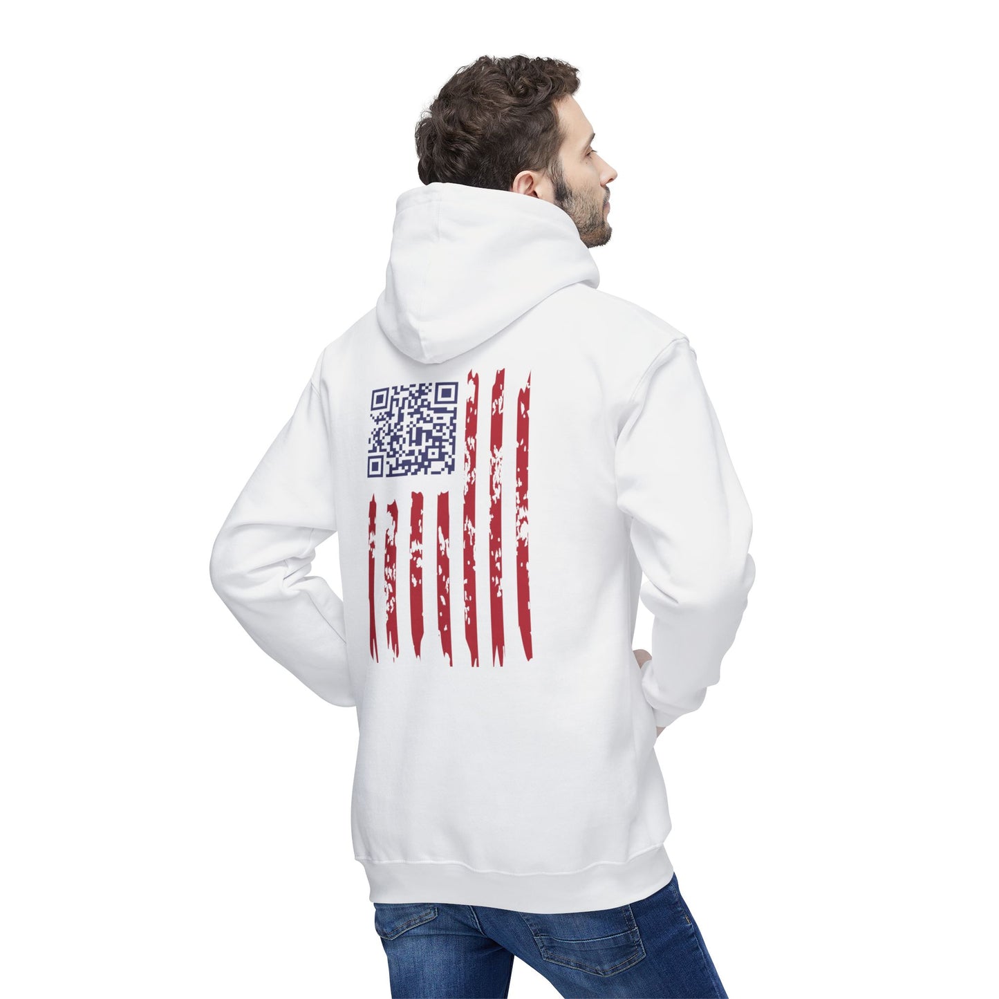 Man showing back of white hoodie: distressed American flag with blue QR code for Trump dance