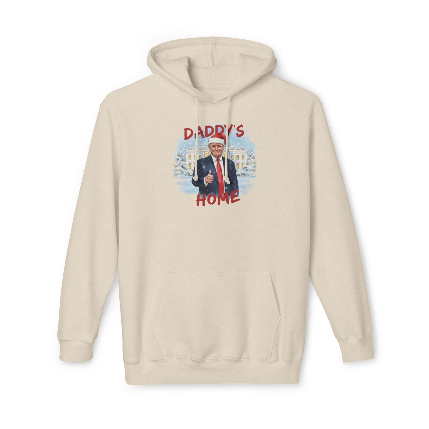 Front view of cream "Daddy's Home" Trump Santa hoodie, thumbs up in snowy scene