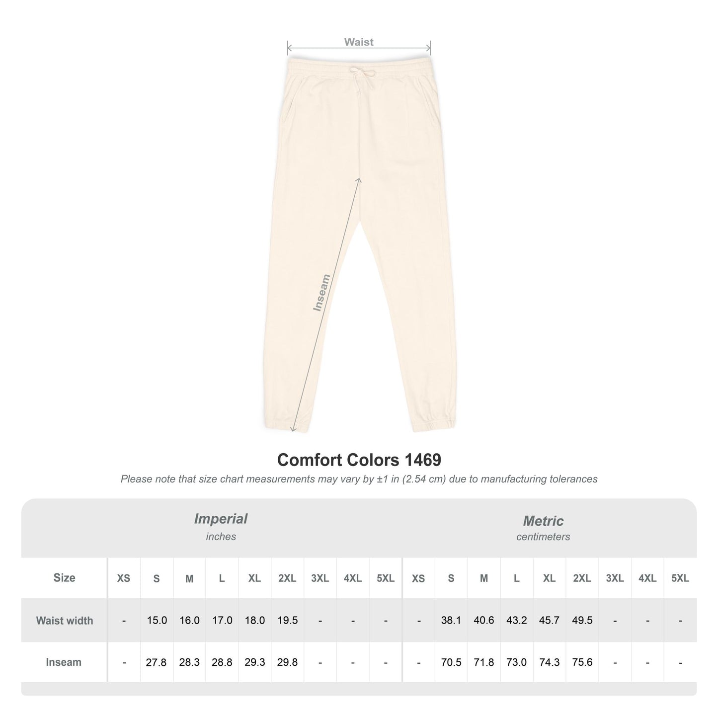 Size chart overlay on peachy Zeta sweatpants flat lay, waist/inseam specs in imperial/metric — fit facts