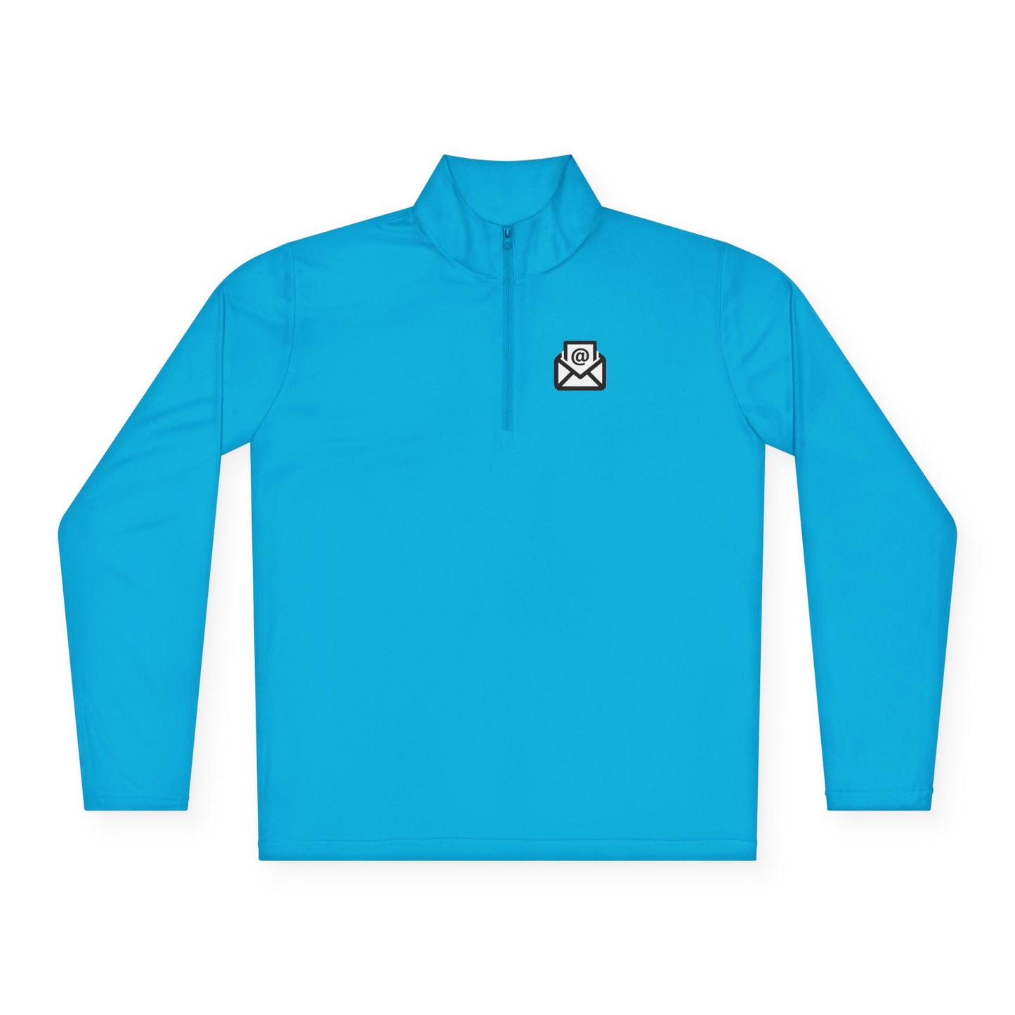 Front view of bright atomic blue quarter-zip pullover with white envelope icon on chest