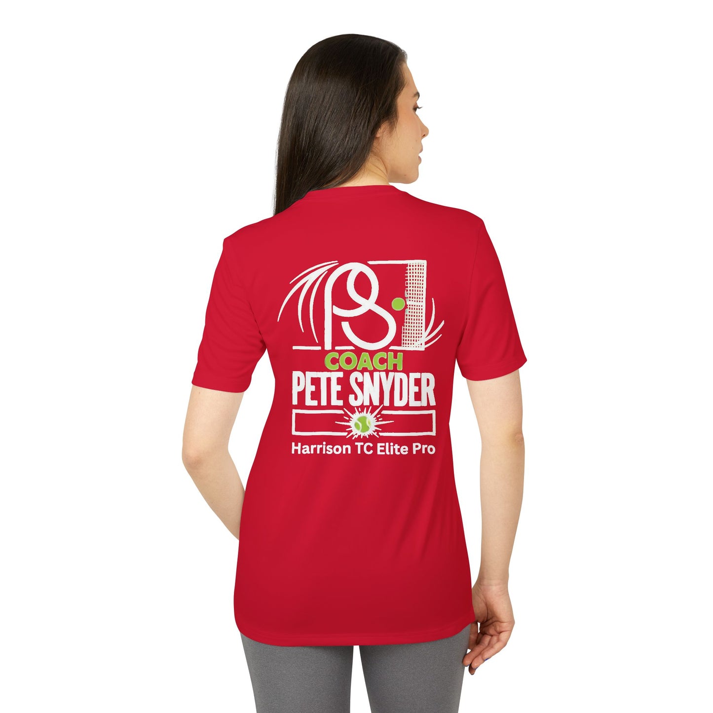 Female model back in Power Red tee: Coach Pete Snyder & Harrison TC Elite Pro pickleball print