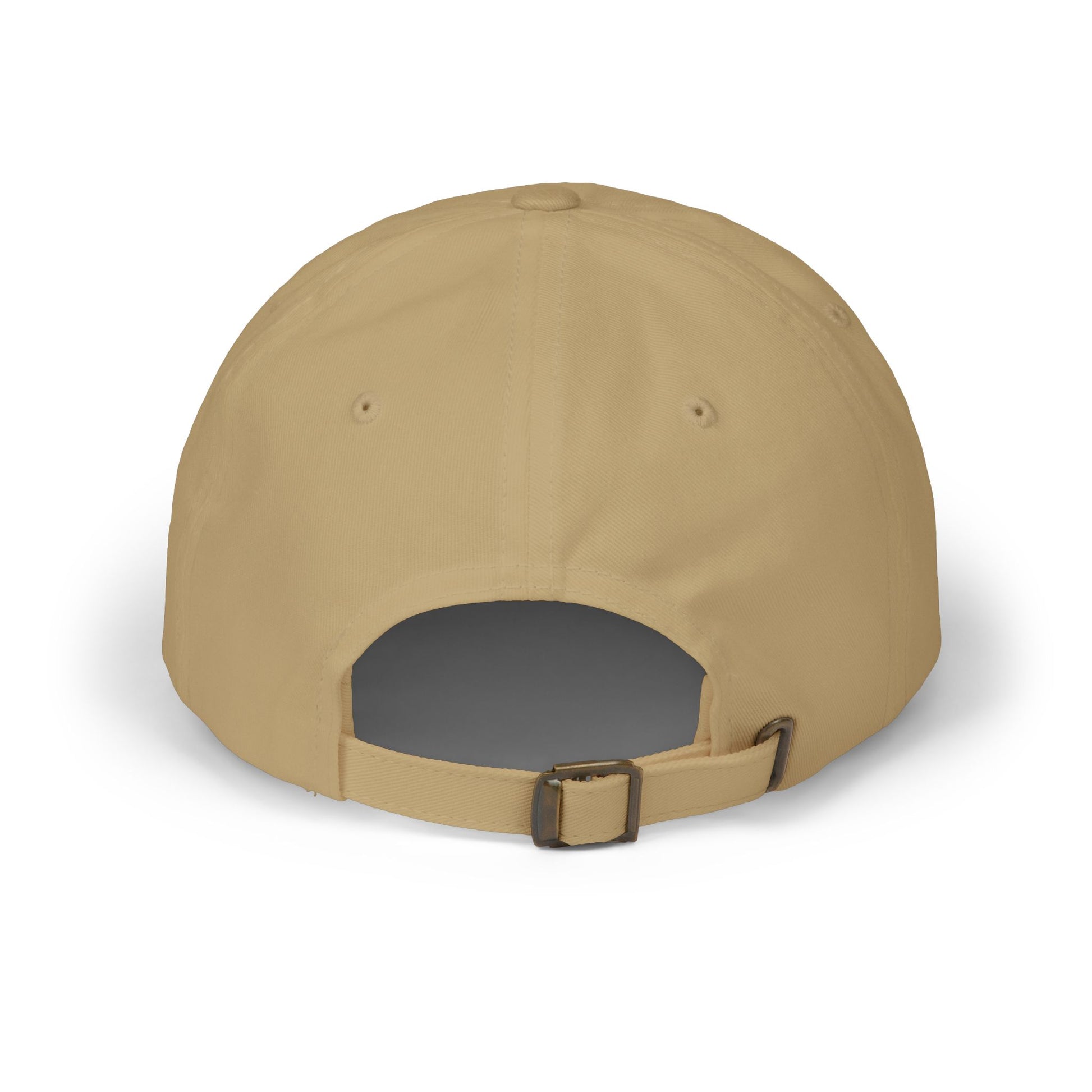 Size chart with top view khaki dad hat and detailed Classic Dad Cap measurements