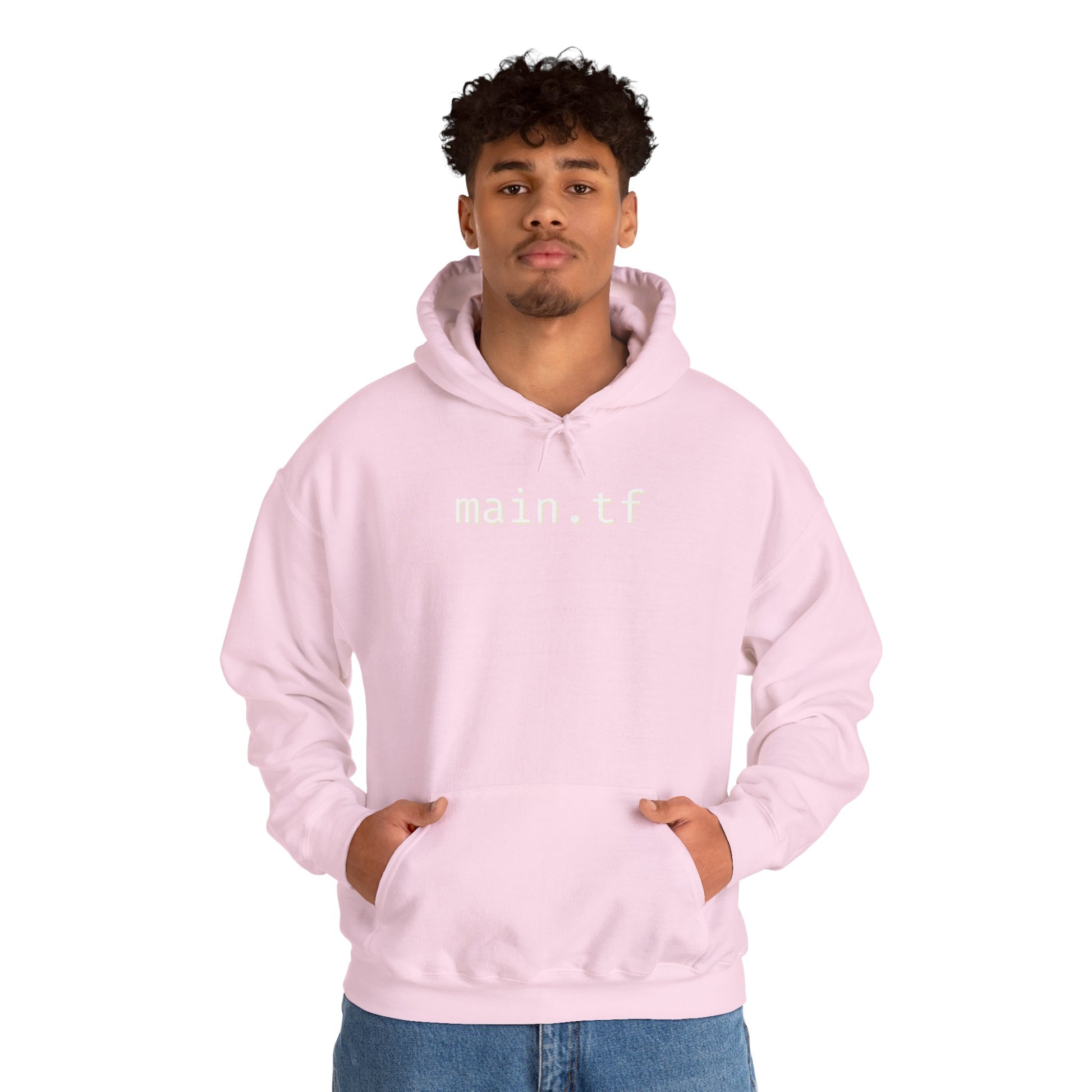 Male model with curly hair front view rocking light pink "main.tf" hoodie