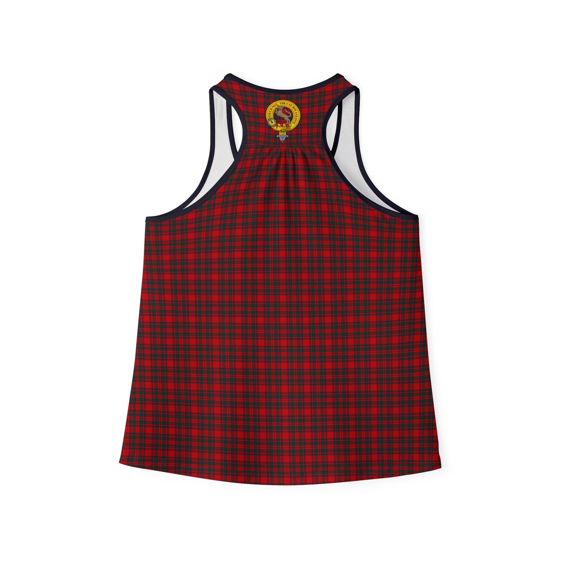 Back view of red-and-black plaid Clan MacKintosh racerback tank with gold crest badge and navy trim details