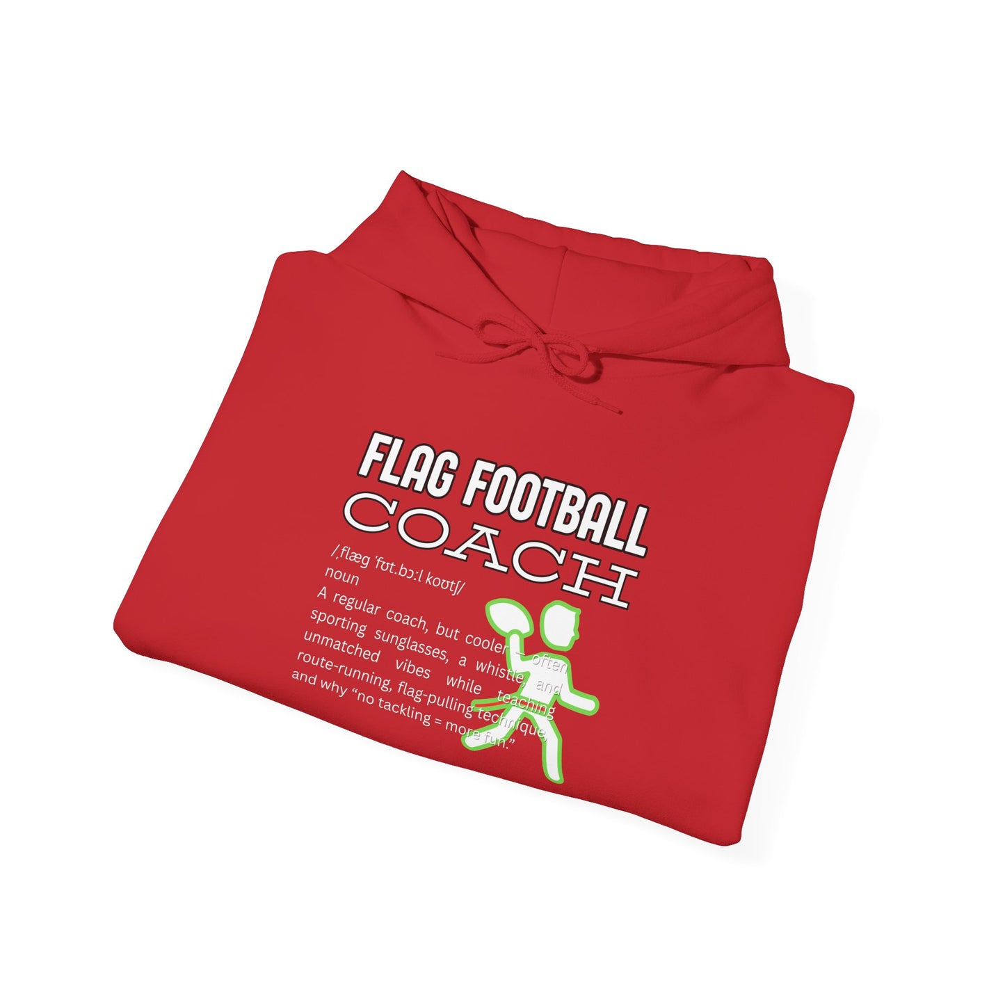 Folded red hoodie showing 'Flag Football Coach' dictionary print with neon green flag-pulling player graphic