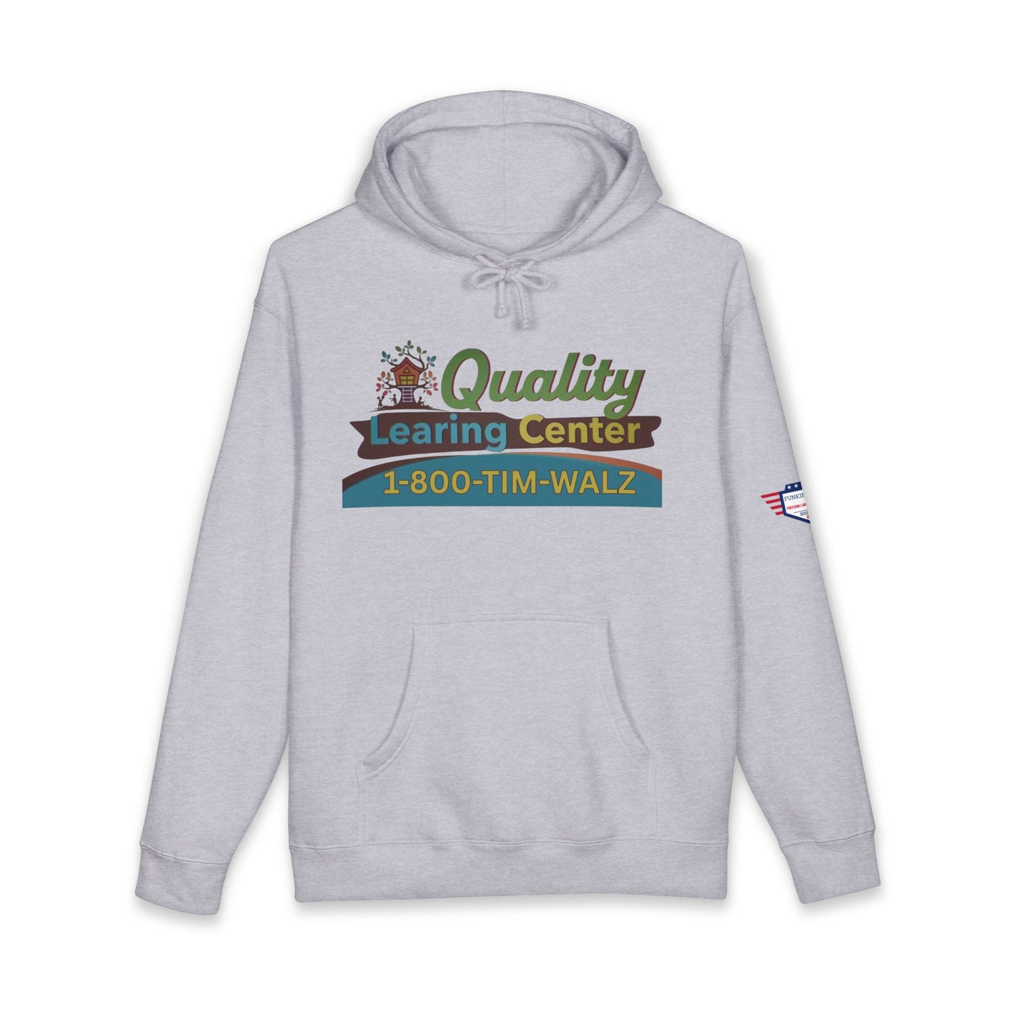 Front view of grey heather Quality Learing Center hoodie, retro logo, 1-800-TIM-WALZ, patriotic sleeve flag