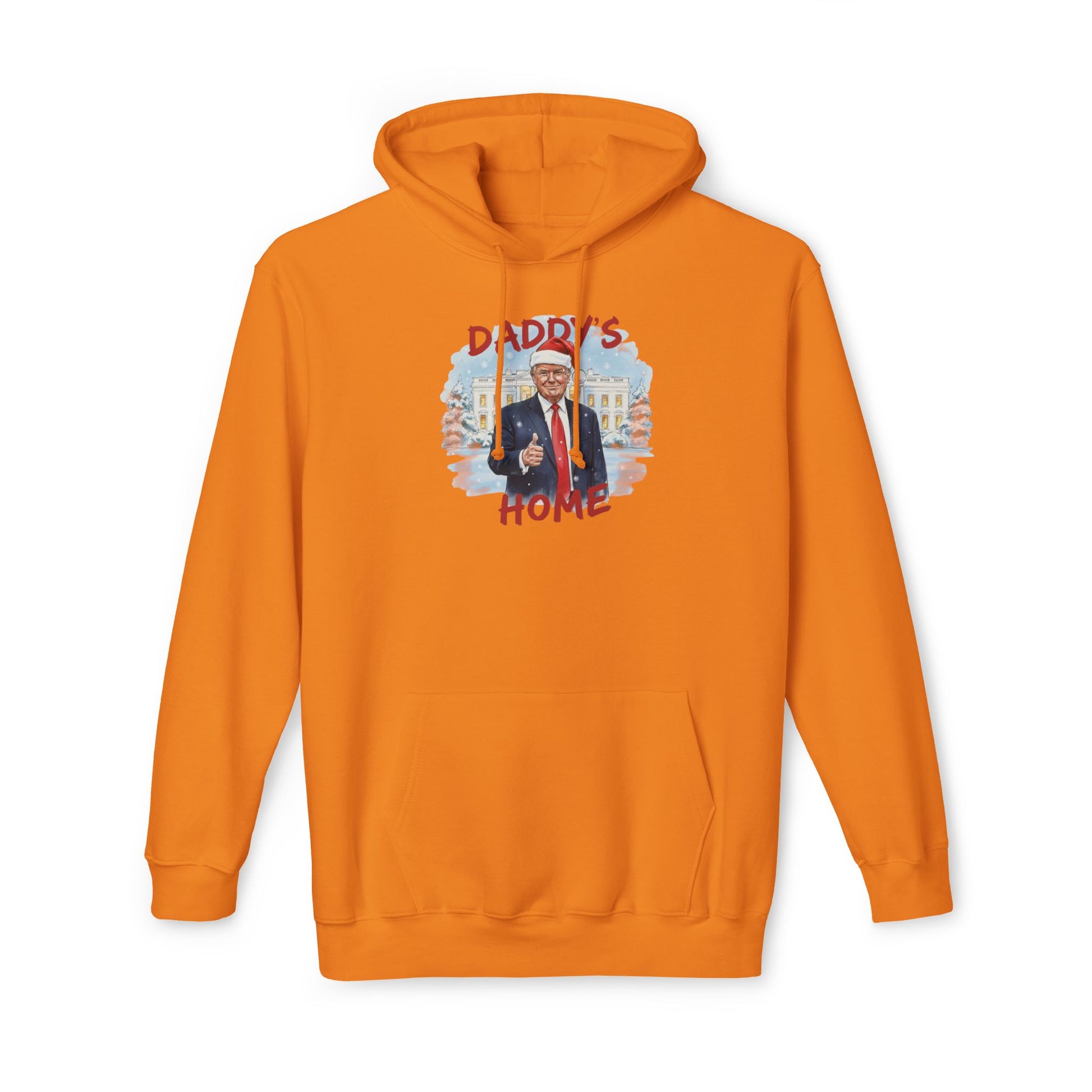 Front view of lime green "Daddy's Home" Trump Christmas hoodie, Santa hat and thumbs up vibe