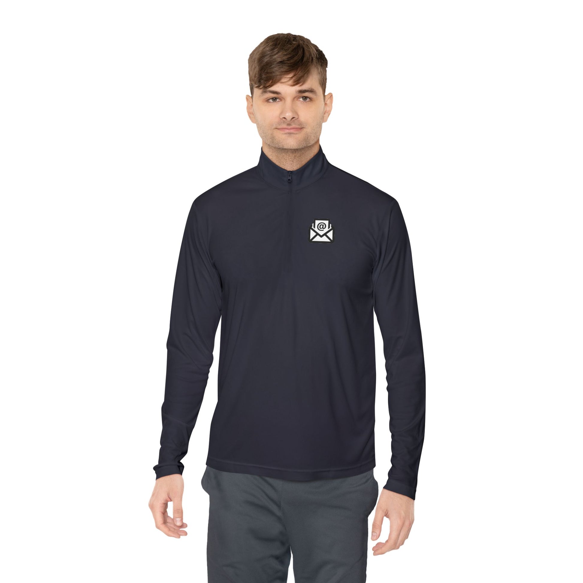 Side view of navy quarter-zip pullover – sleek collar, zip, long sleeves, no text visible